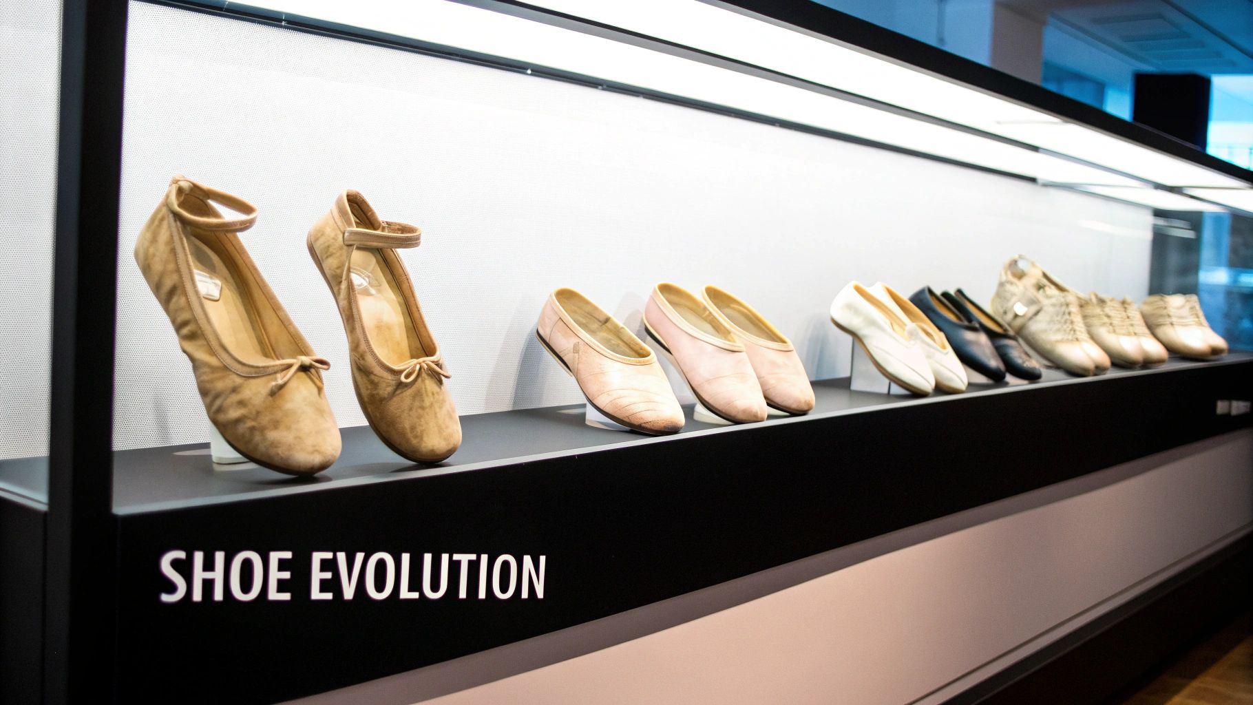 A museum display featuring various styles of ballet flats and shoes, illustrating footwear evolution.