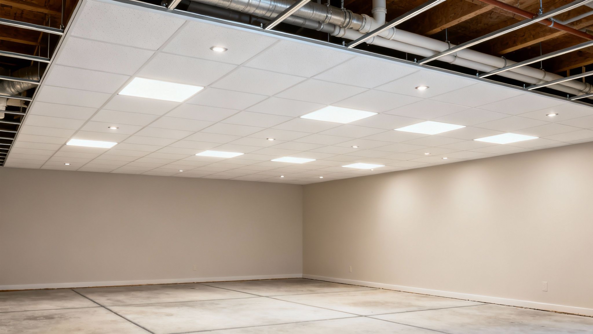 A newly finished basement room with a modern drop ceiling, bright LED lighting, and concrete floor.