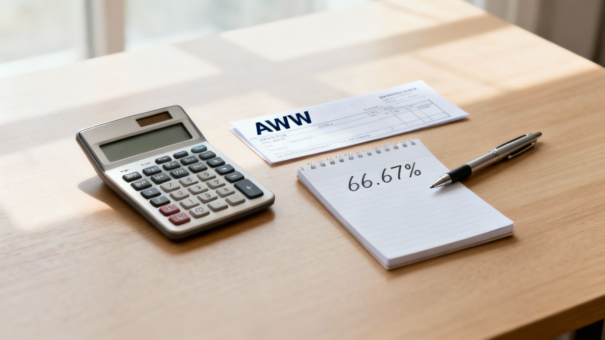 Calculator, AWW document, notepad with '66.67%', and a pen on a wooden desk.