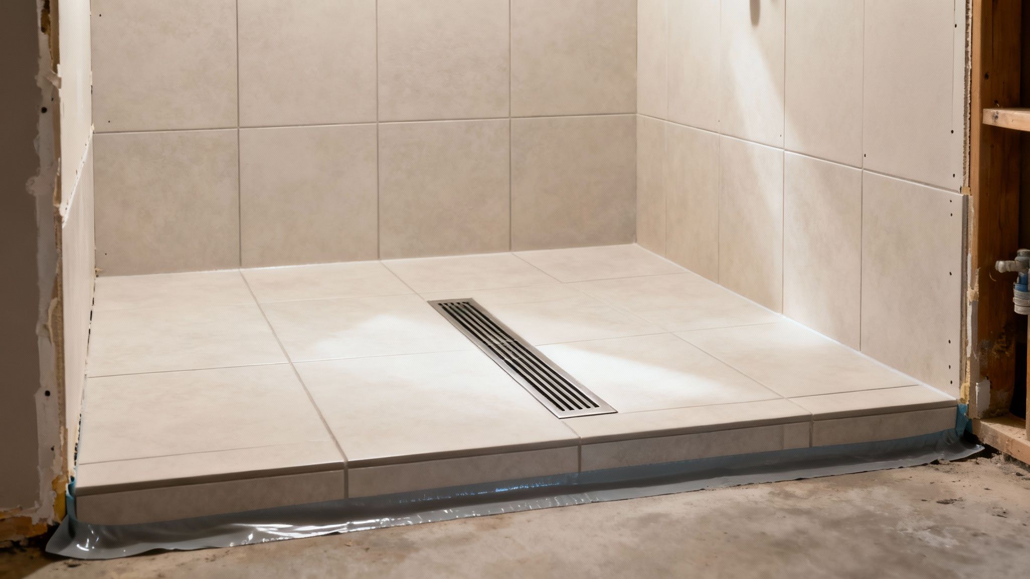 A modern basement bathroom with clean tiles and bright lighting.