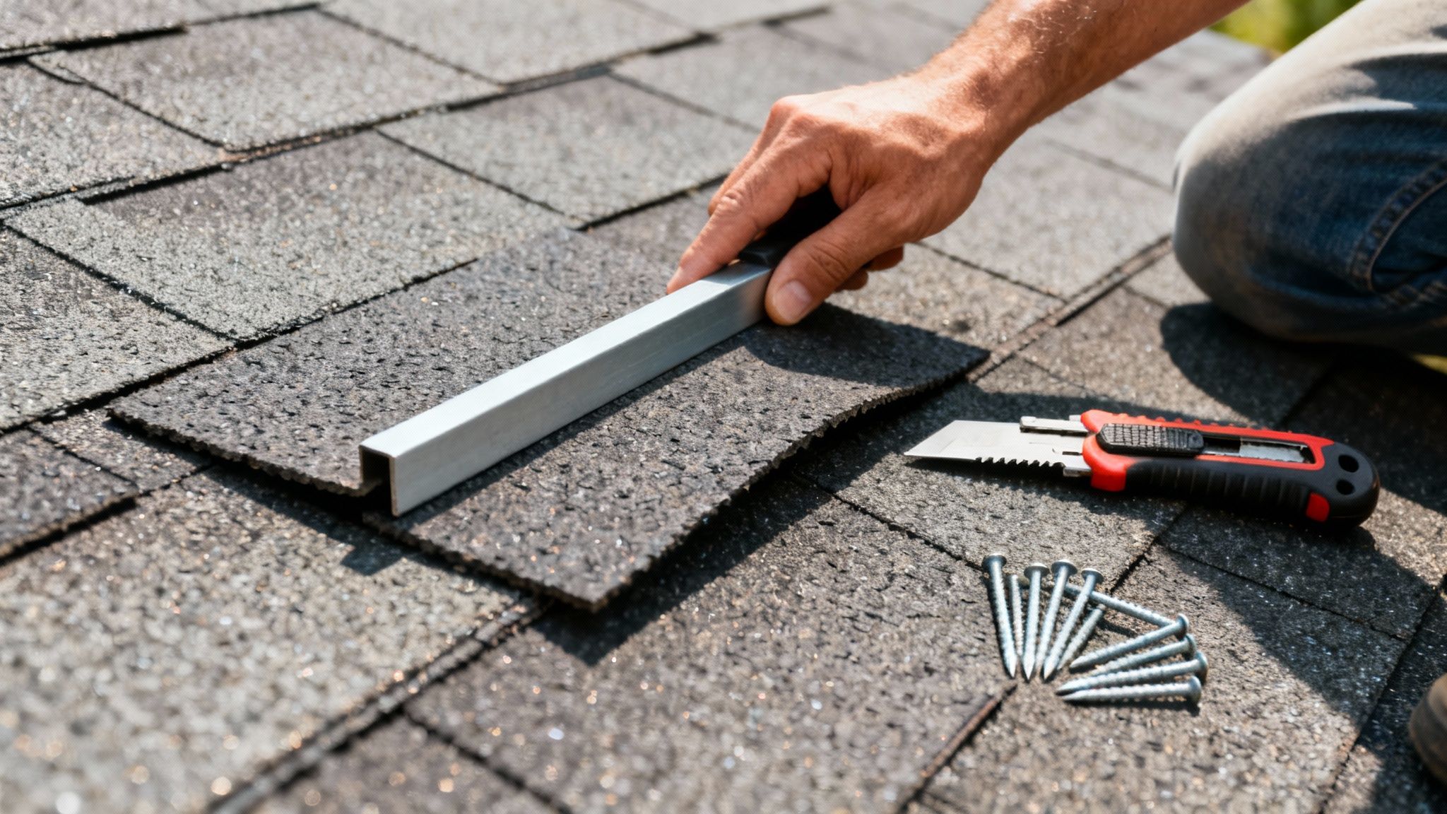 A person installing or repairing roof shingles with a utility knife, ruler, and nails.