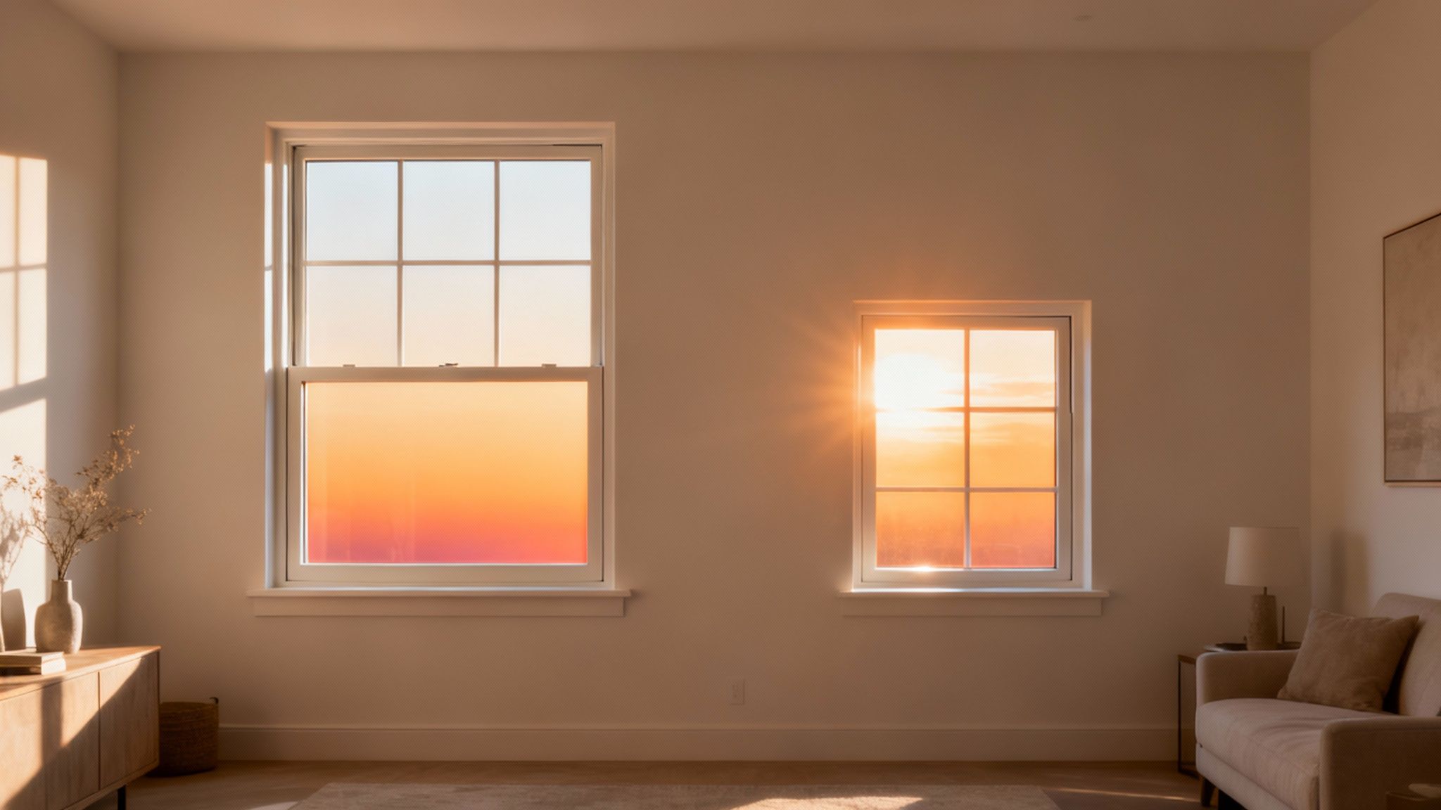 Warm sunset light streams through two vertically aligned windows of different sizes in a cozy room.