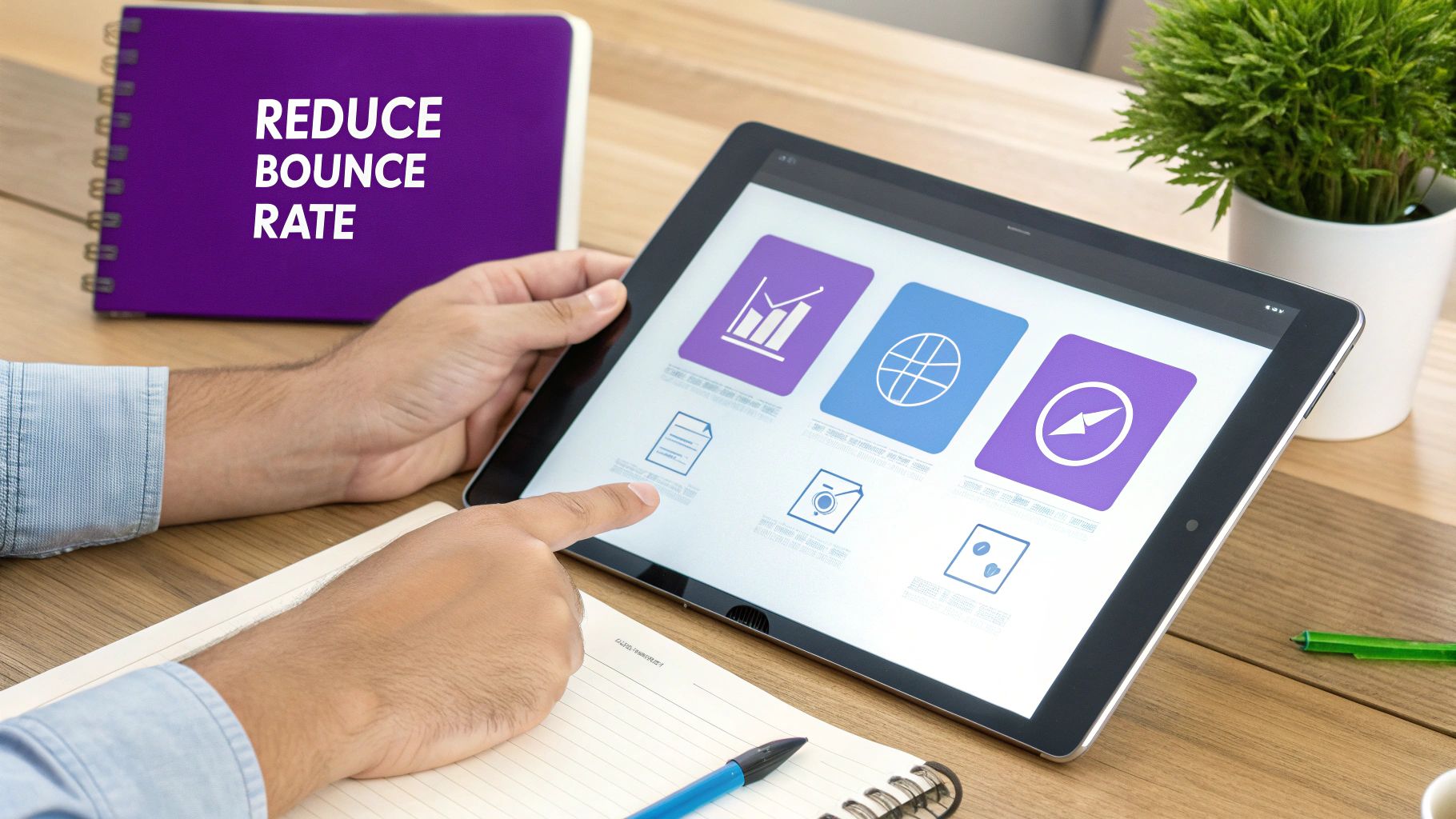 Person's hands interacting with a tablet displaying analytics icons, next to a notebook saying 'REDUCE BOUNCE RATE'.