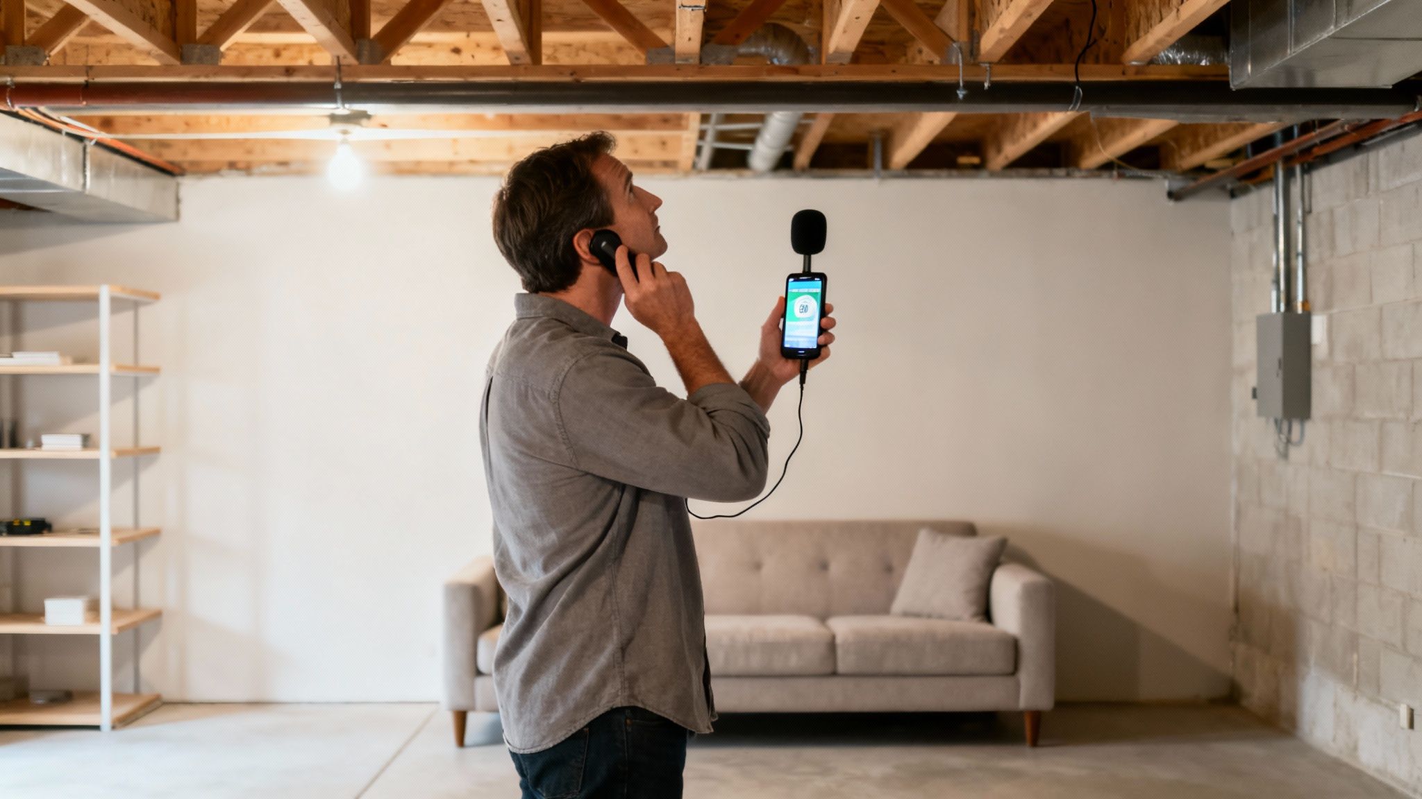 A man inspecting a basement ceiling with a sound level meter attached to his smartphone.