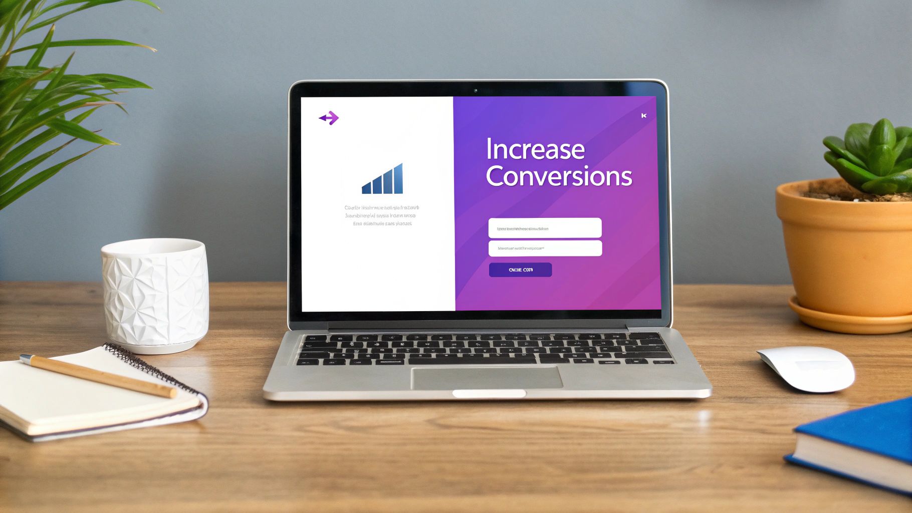 A laptop on a wooden desk displays a 'Increase Conversions' login page, surrounded by workspace essentials.