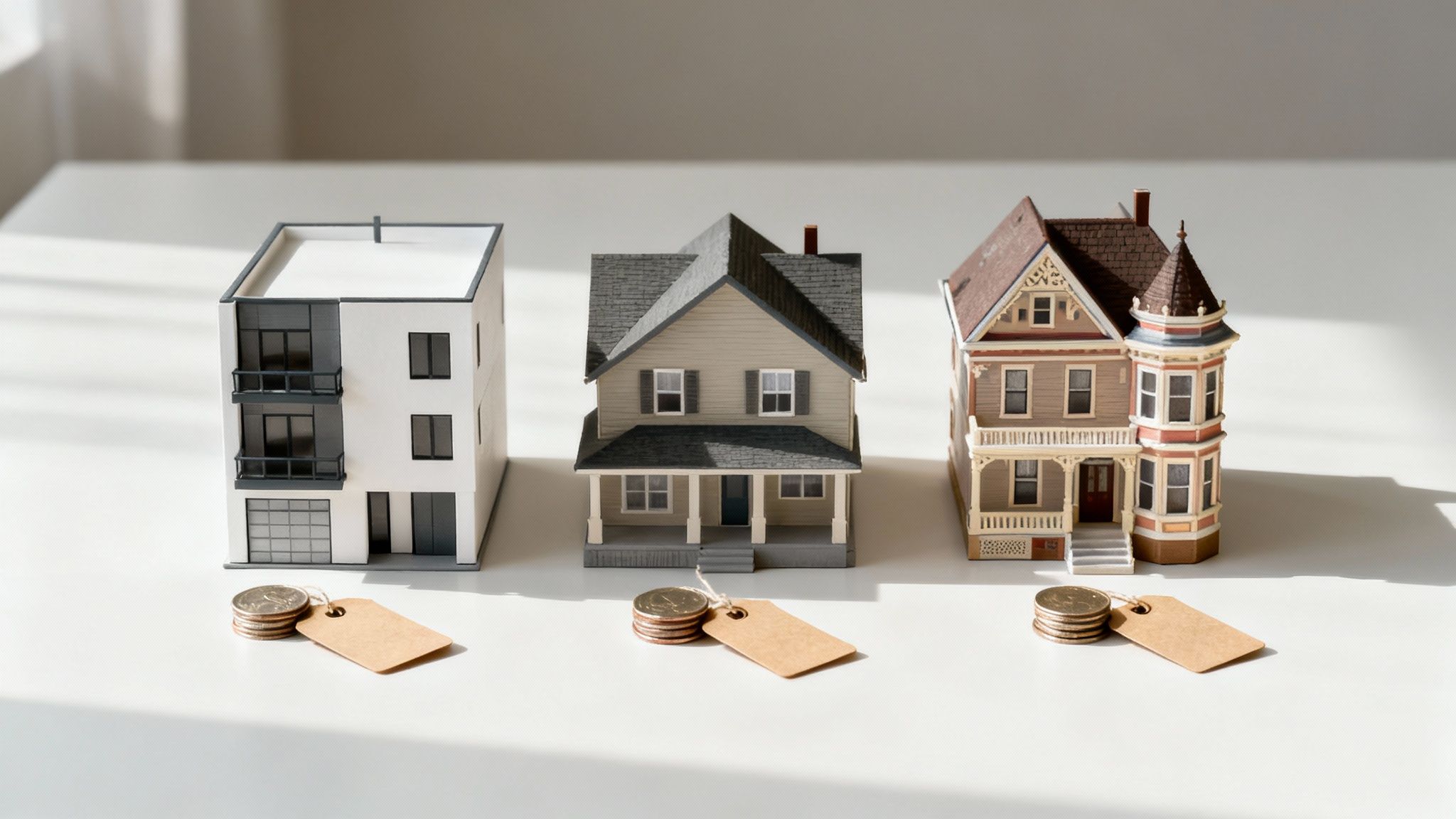 Three miniature house models with price tags and coins representing different property values and costs