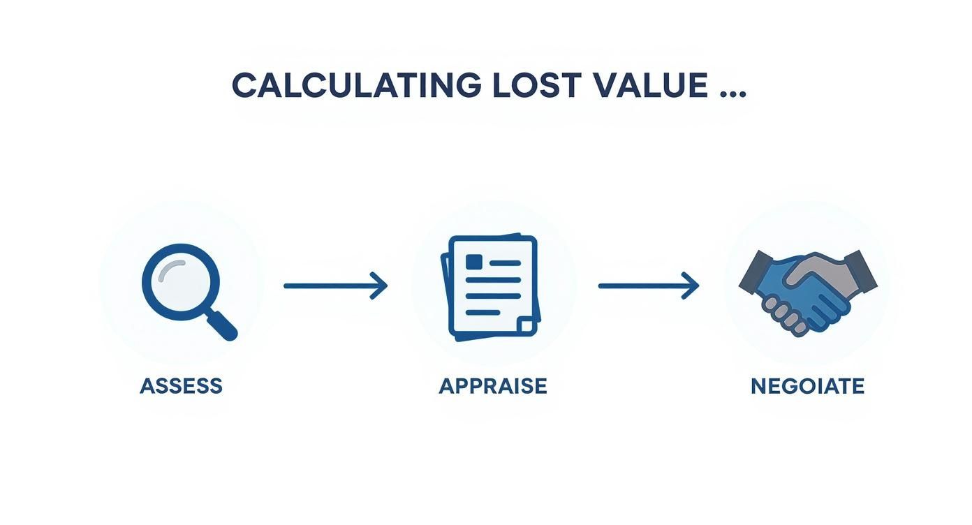 Infographic showing three steps to calculate lost value: assess with magnifying glass, appraise with documents, and negotiate with a handshake.