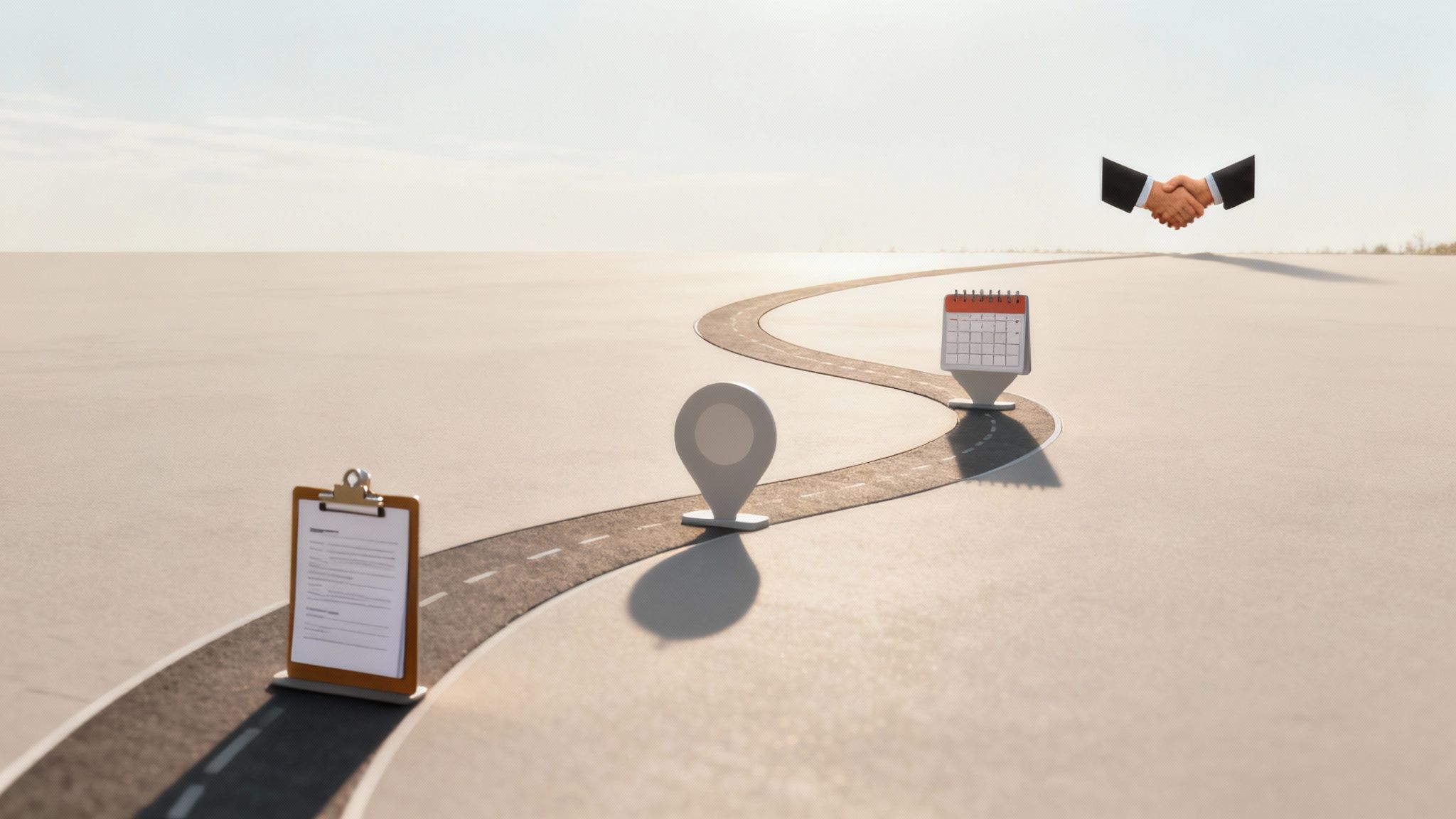 A strategic roadmap with planning, milestones, and a successful business deal handshake.