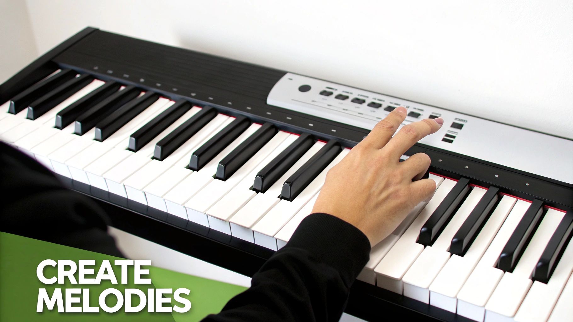 Close-up of a hand pressing buttons on a black and white digital piano.