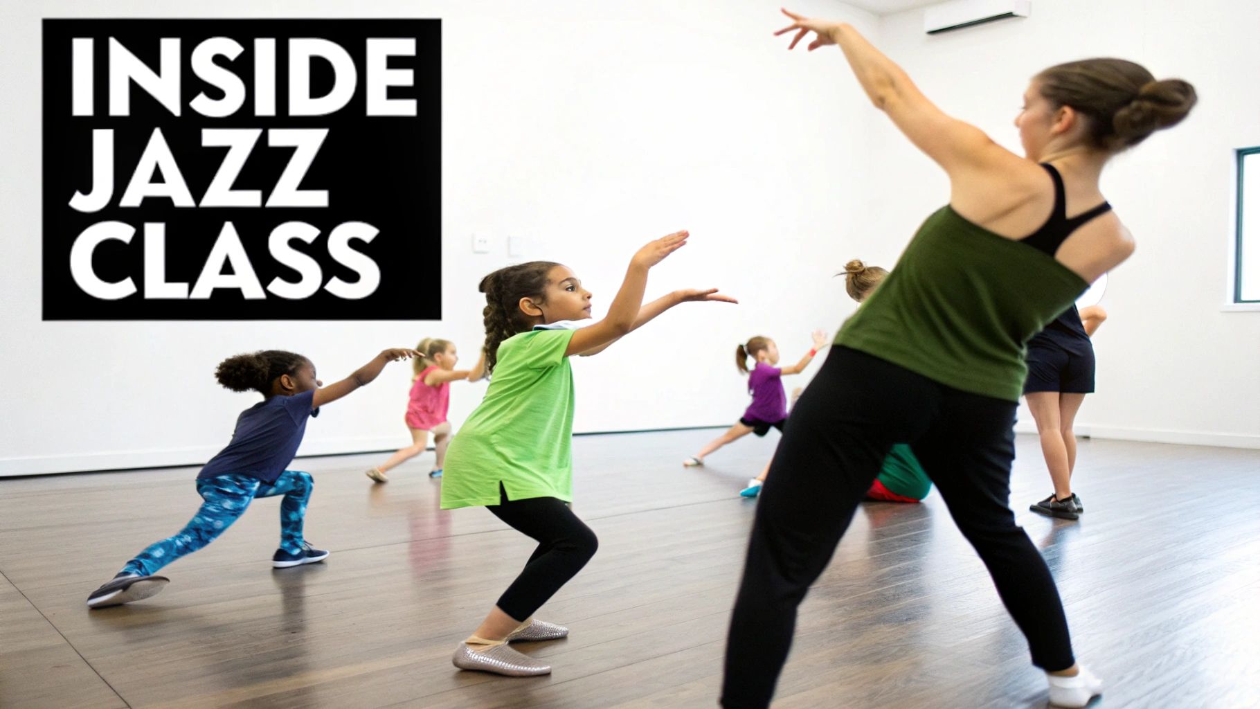 Children in a bright studio learning jazz dance, mirroring an instructor's pose.