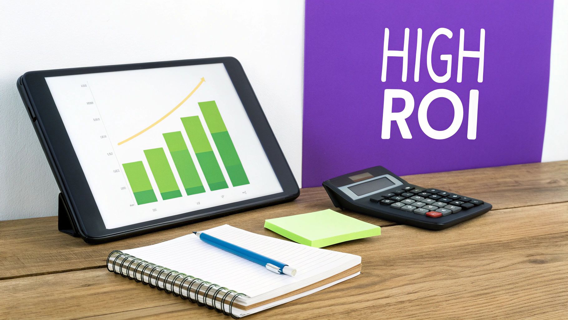 A tablet displays a growth chart with an upward trend, next to a calculator and a 'HIGH ROI' sign.