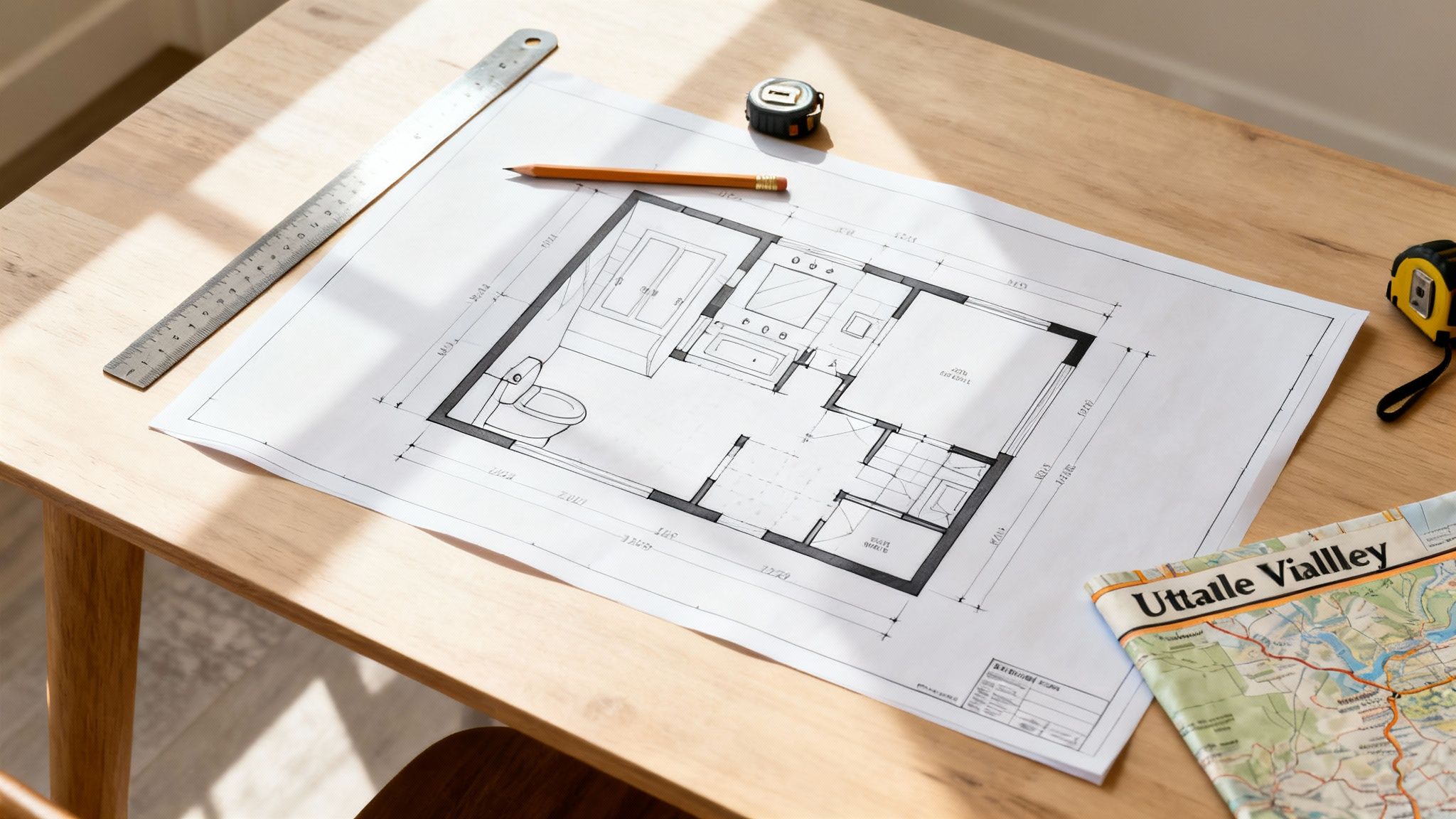 A detailed floor plan blueprint on a wooden desk with a ruler, pencil, tape measure, and map.
