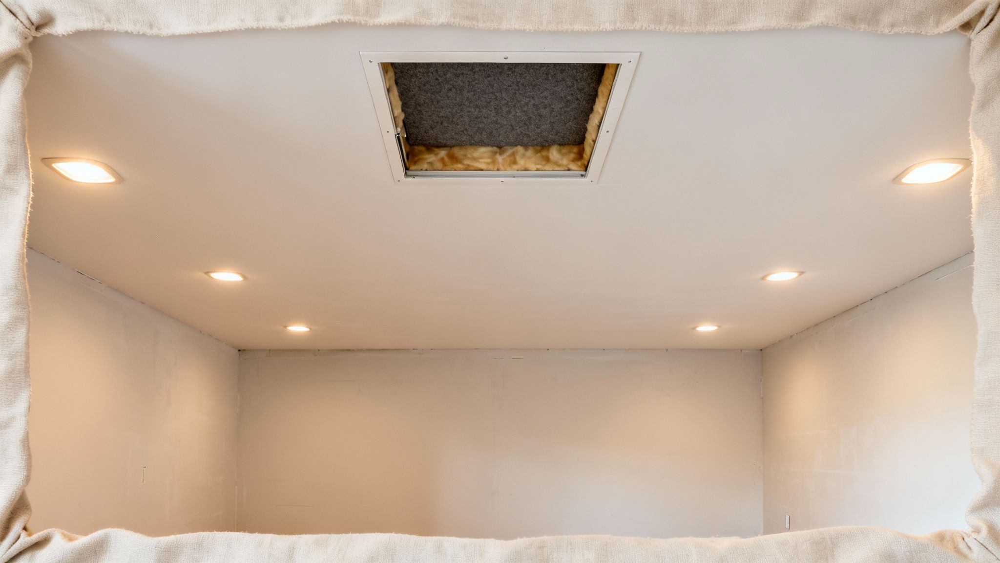 Unfinished basement ceiling with recessed lights and an open access panel showing insulation.