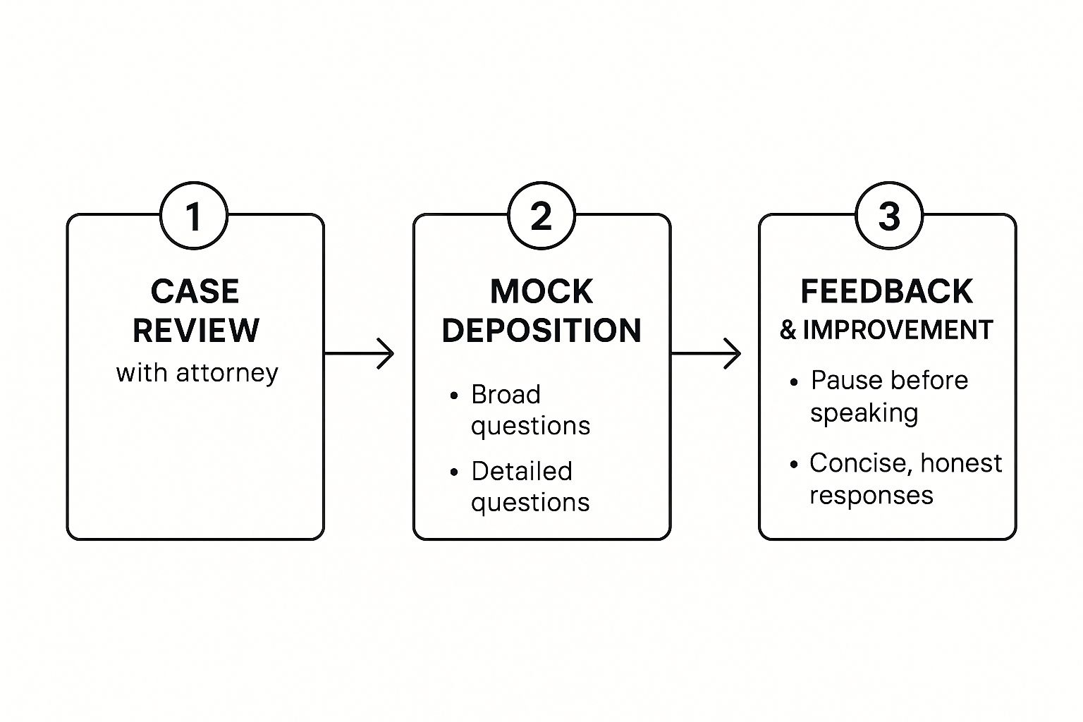 Infographic showing the three-step process for practicing testimony: Case Review, Mock Deposition, and Feedback.