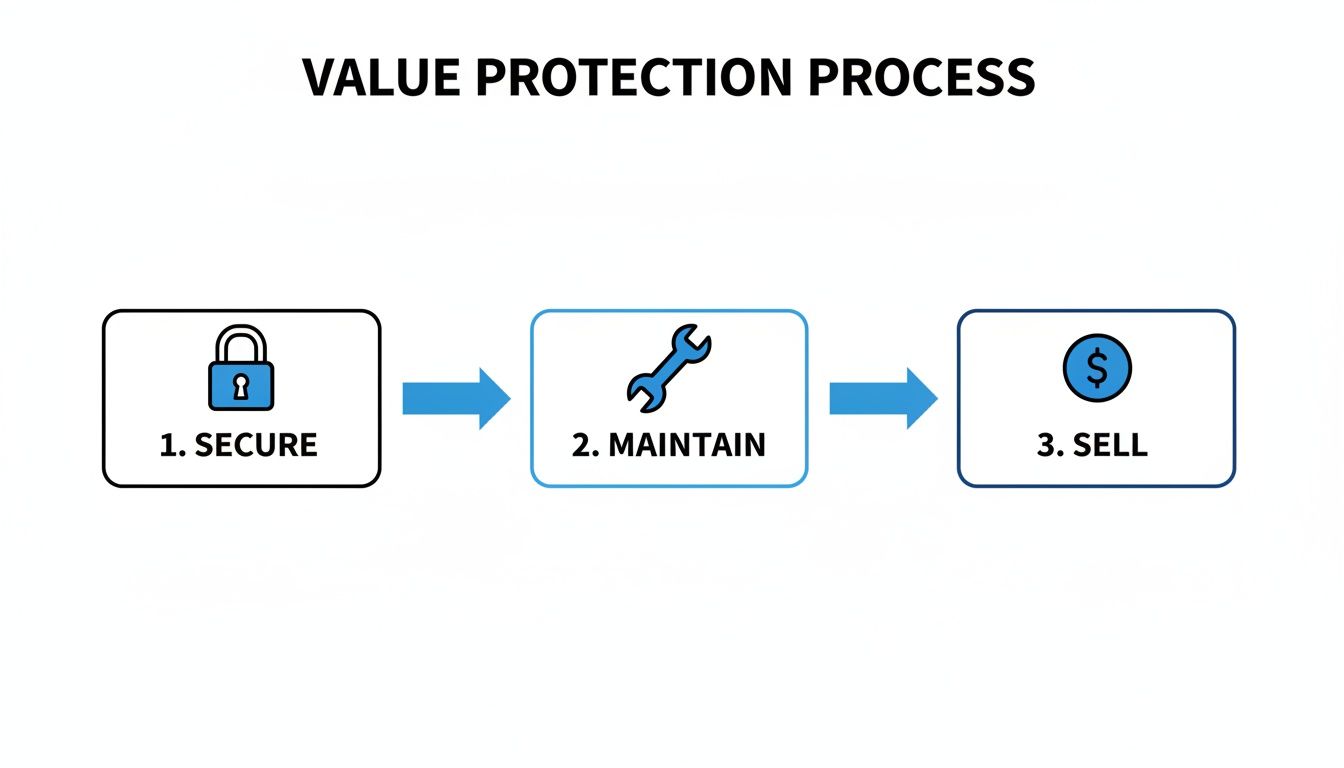 Flowchart showing the value protection process: 1. Secure assets, 2. Maintain value, and 3. Sell property.