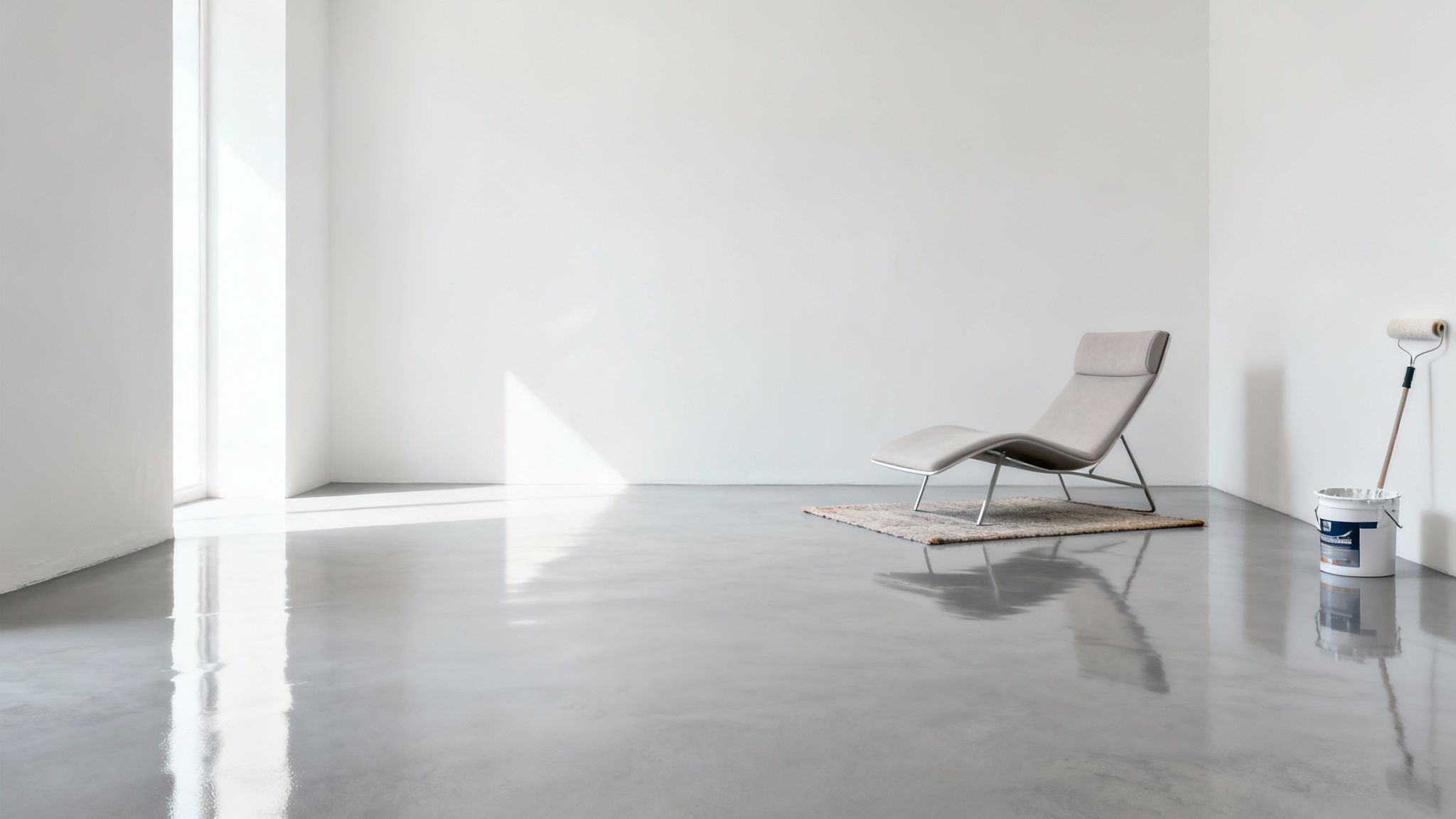 A minimalist room with white walls, a glossy grey floor, a chaise lounge, and painting supplies.