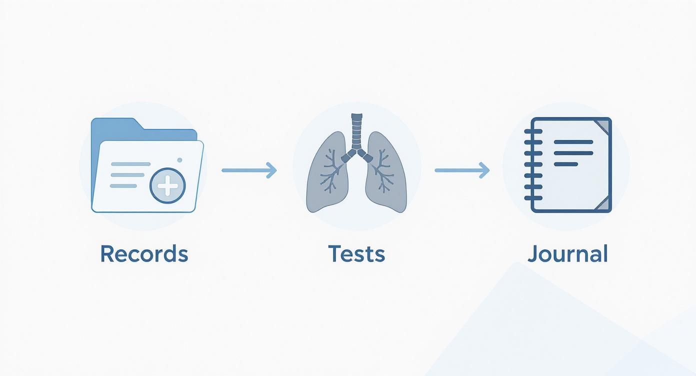Diagram showing a medical workflow from patient records to lung tests and a patient journal.
