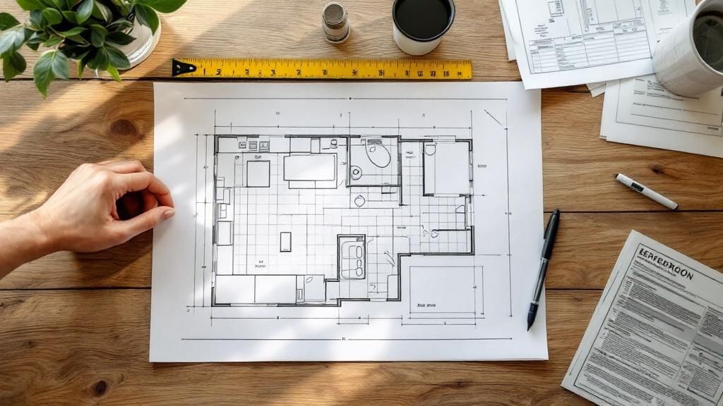 Man drawing up plans for a basement bathroom renovation
