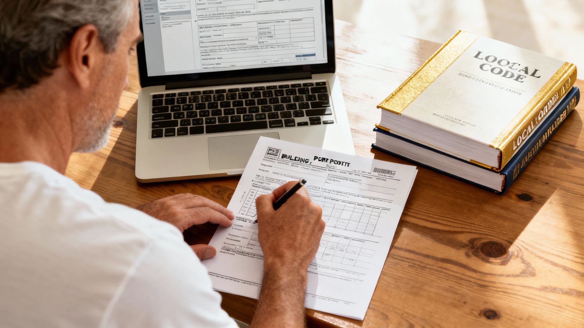A person reviewing building blueprints and permit applications on a wooden desk.