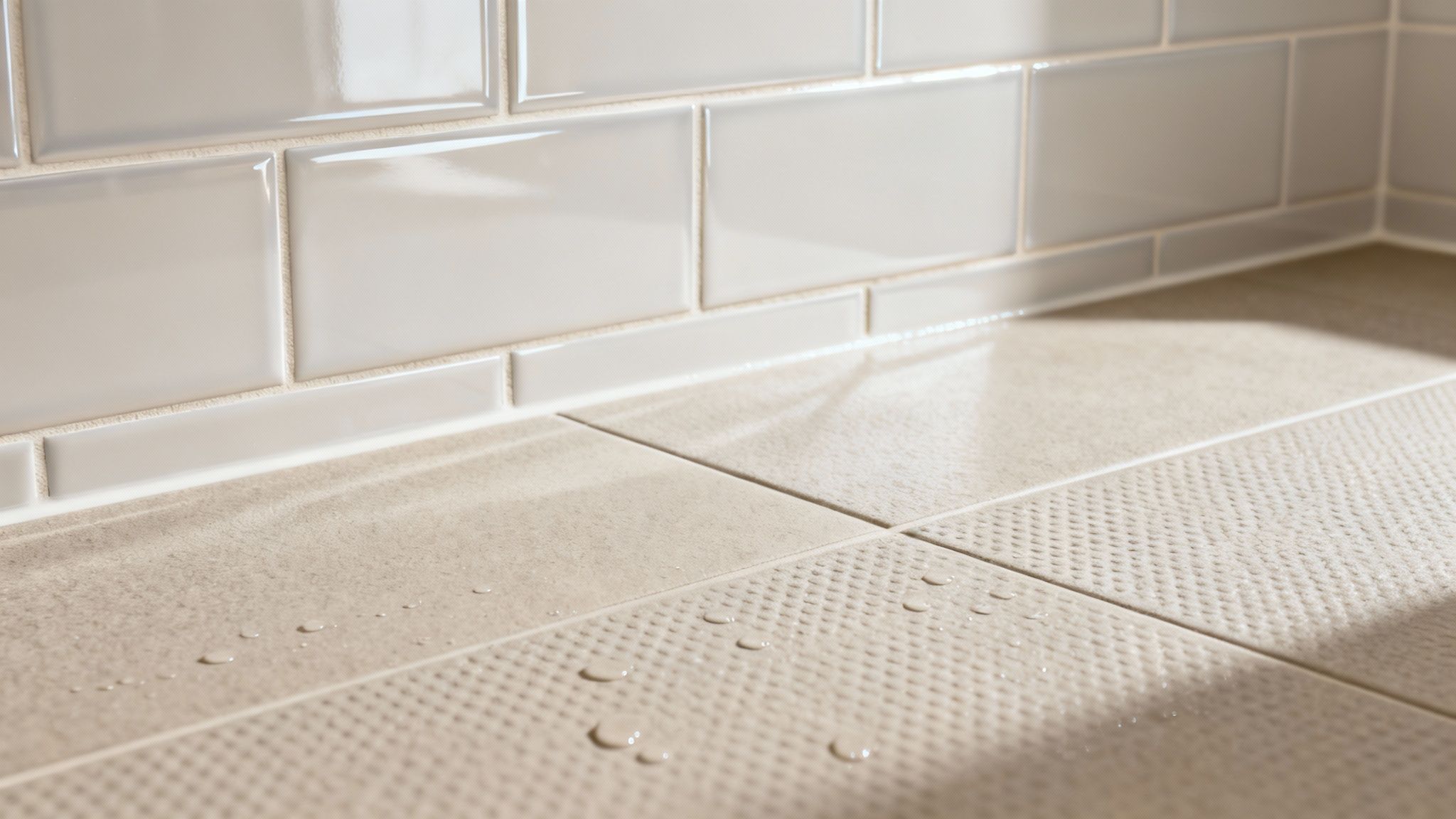 Water droplets on textured beige floor tiles and a glossy light gray subway tile backsplash.