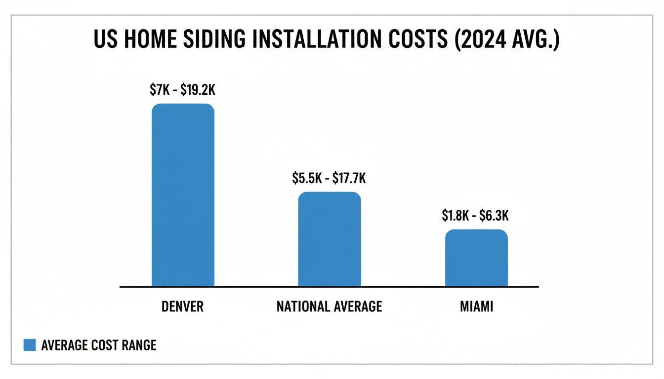 Bar chart comparing US home siding installation costs for Denver, National Average, and Miami in 2024.