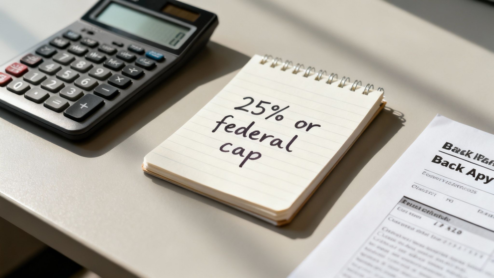 A calculator, a notebook with '25% or federal cap' handwritten, and a document on a desk.