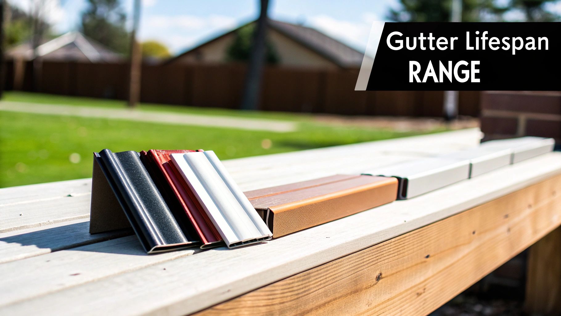 Various colored gutter samples are displayed on a wooden surface, with text indicating 'Gutter Lifespan RANGE'.