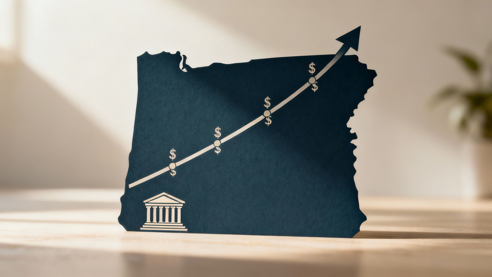 A graph showing a steady upward trend in financial data, with with Oregon in the background