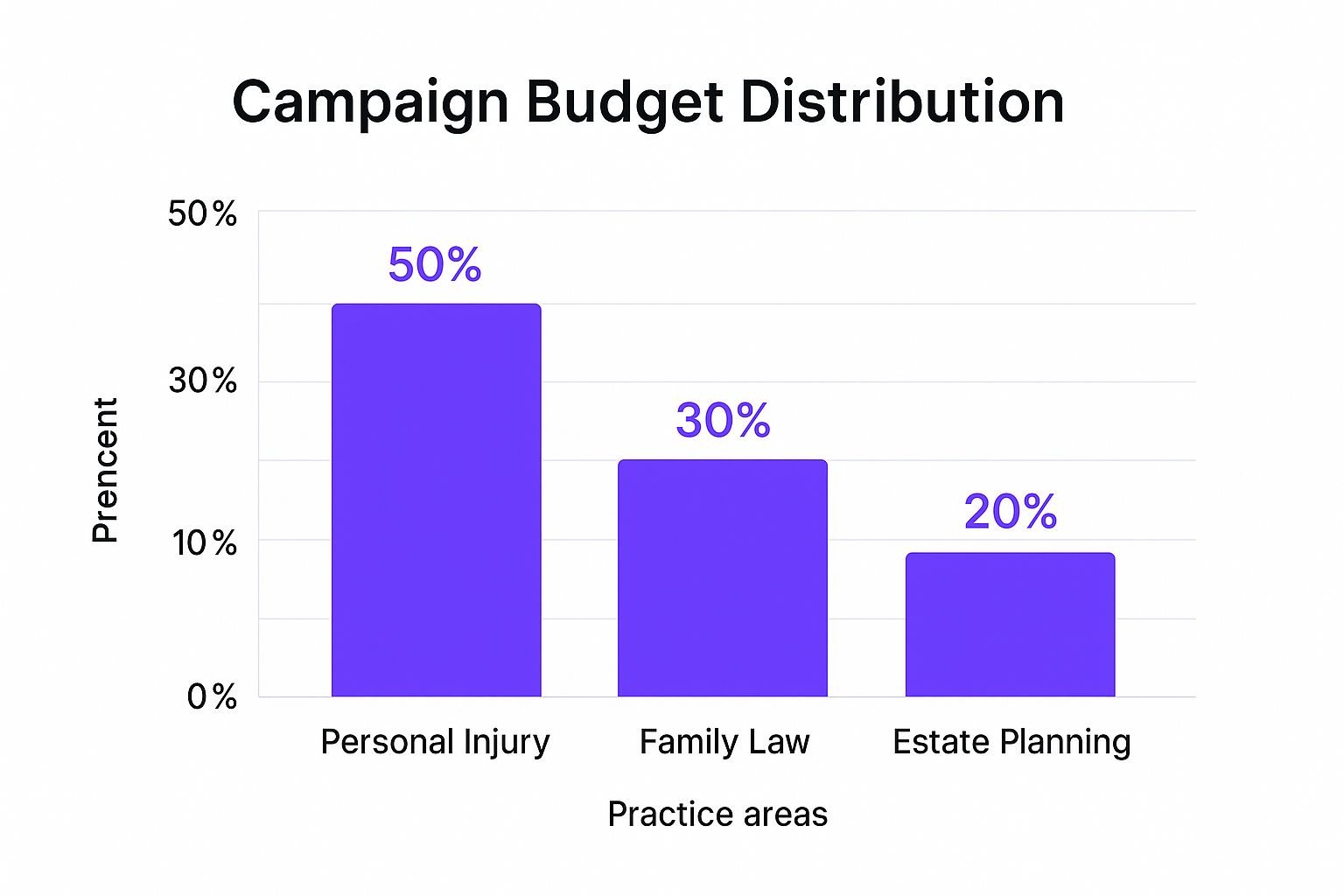 Infographic showing campaign budget distribution for a law firm: 50% for Personal Injury, 30% for Family Law, and 20% for Estate Planning.