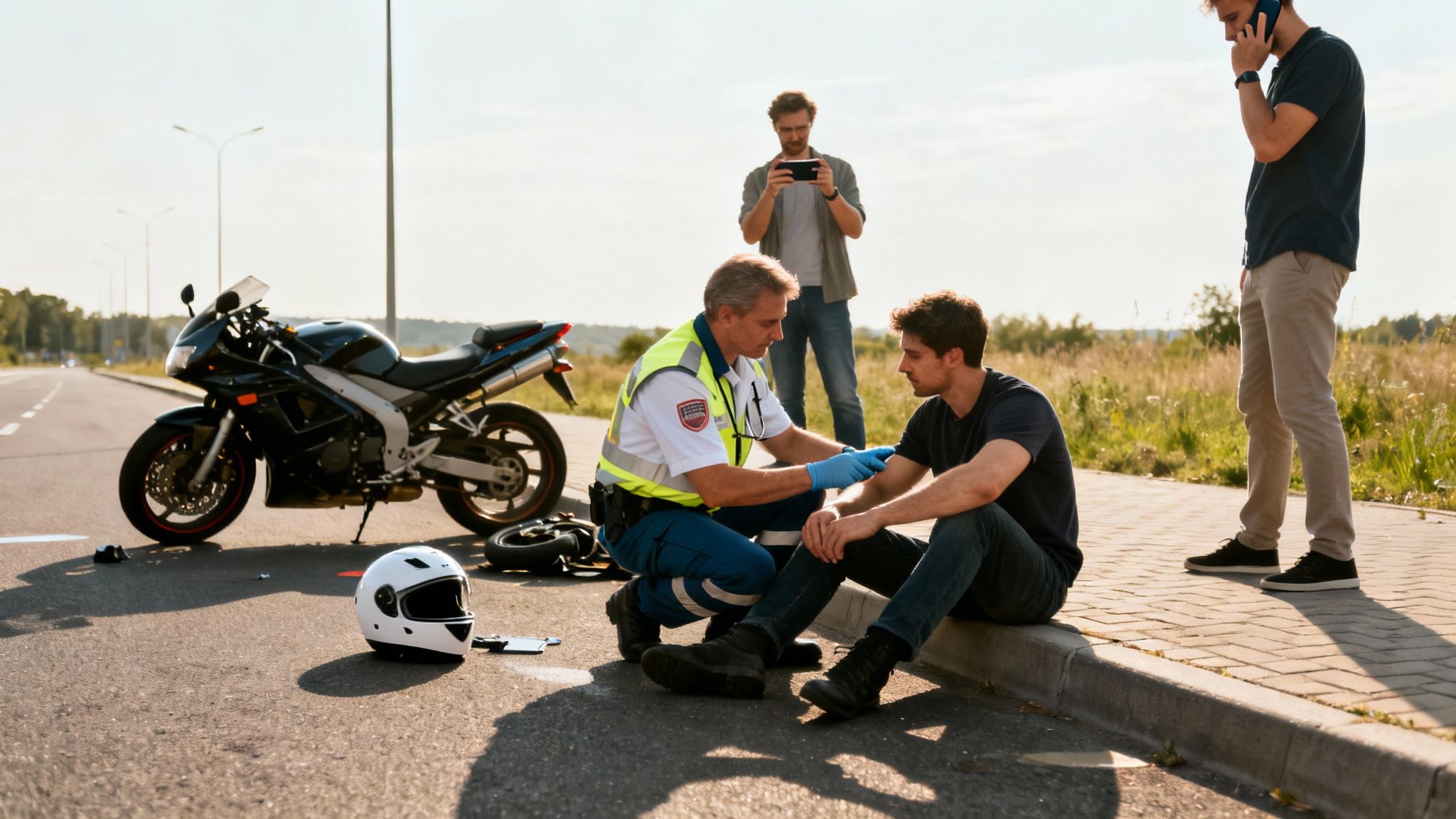 A paramedic assists an injured man on a curb after a motorcycle crash, with others observing.