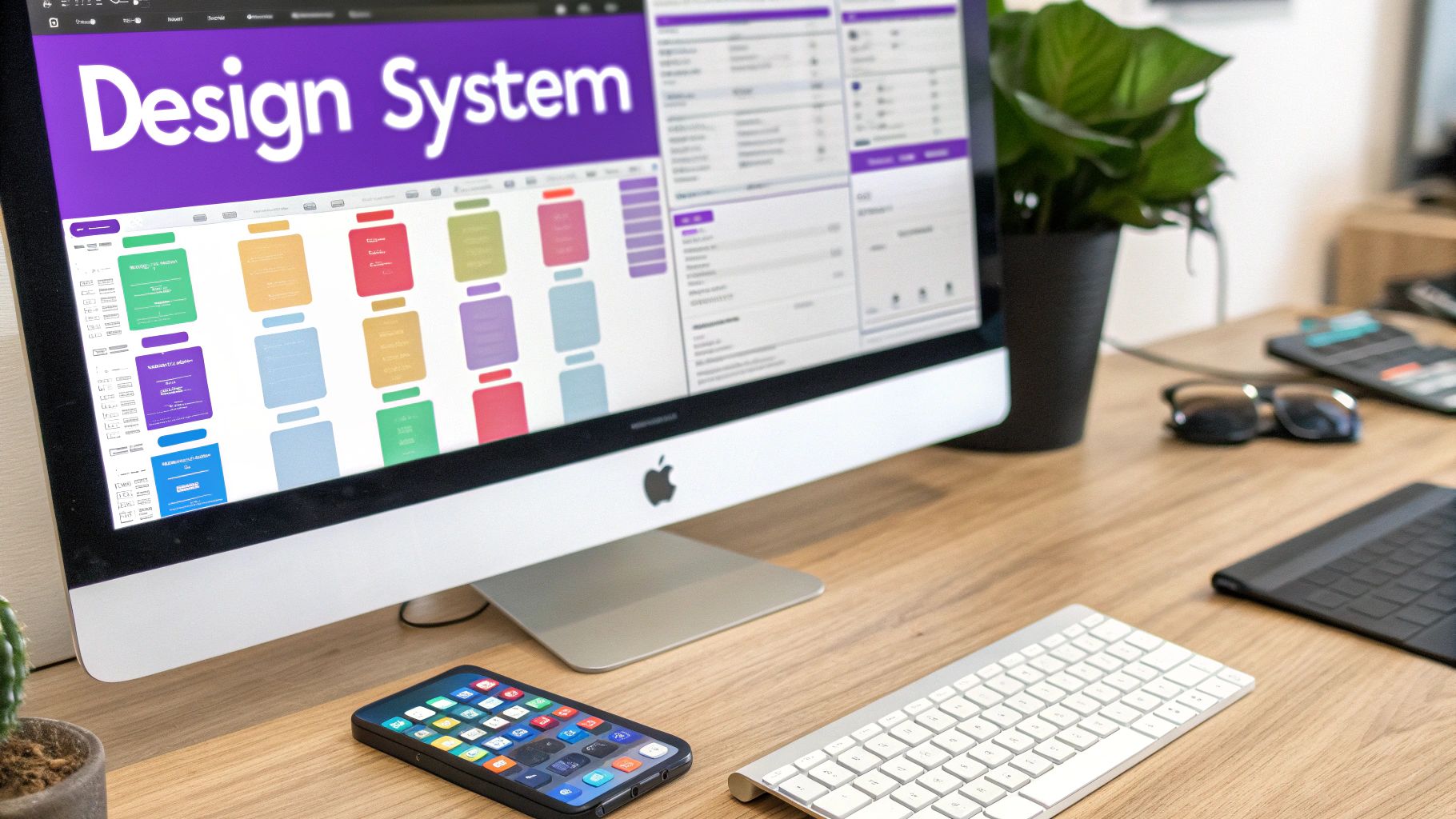 A close-up of an Apple iMac displaying a colorful 'Design System' interface on a wooden desk with a smartphone and keyboard.
