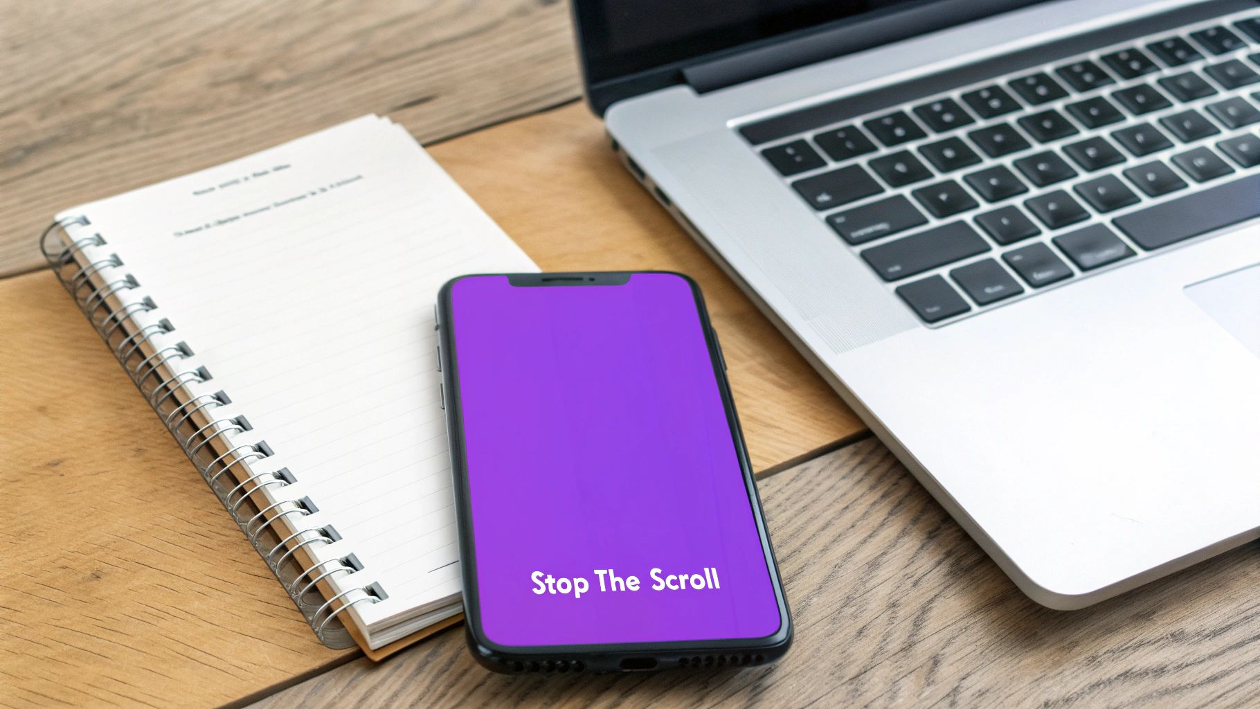 A smartphone with a vibrant purple 'Stop The Scroll' screen sits next to a notebook and a laptop on a wooden desk.