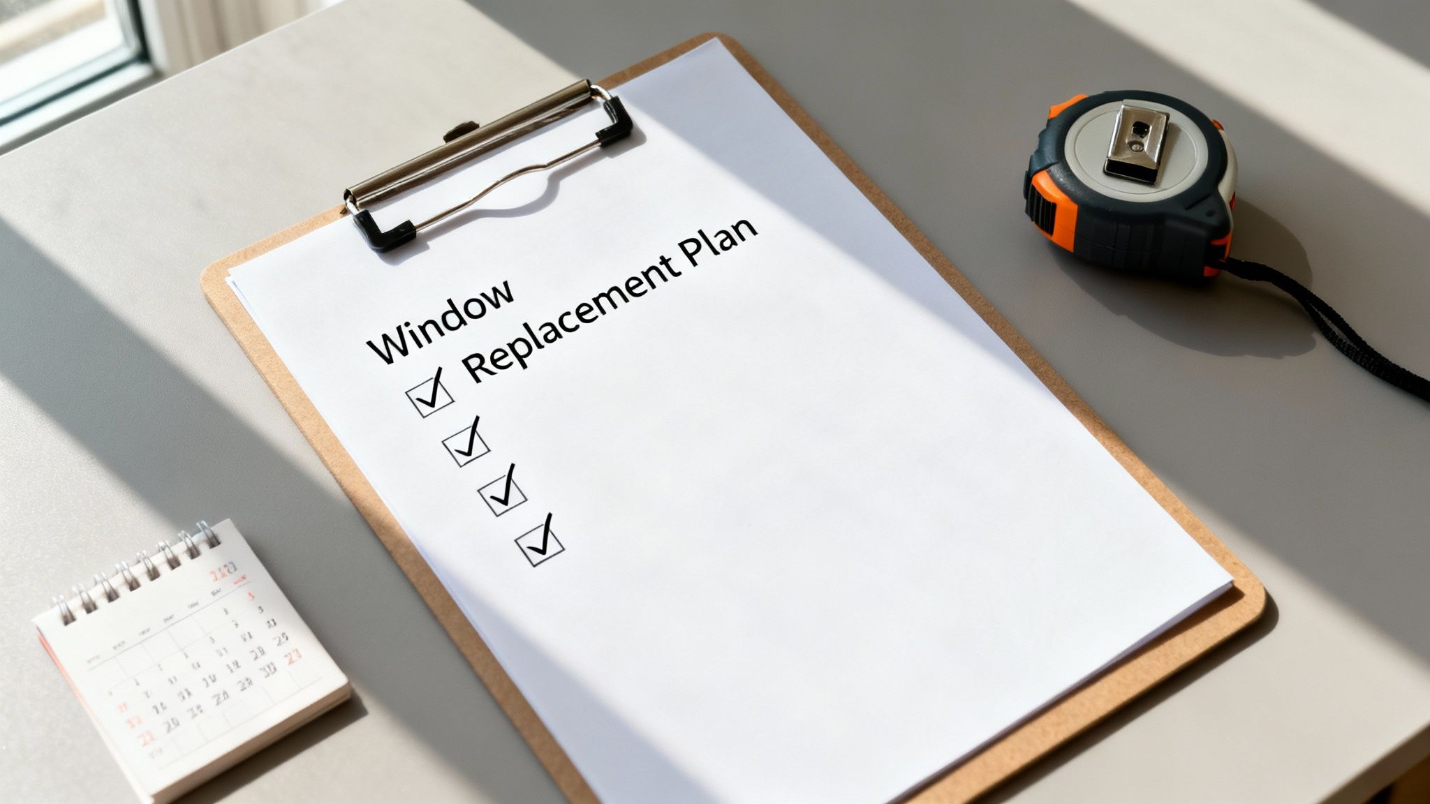 A clipboard with a 'Window Replacement Plan' checklist, a tape measure, and a calendar on a desk, bathed in sunlight.