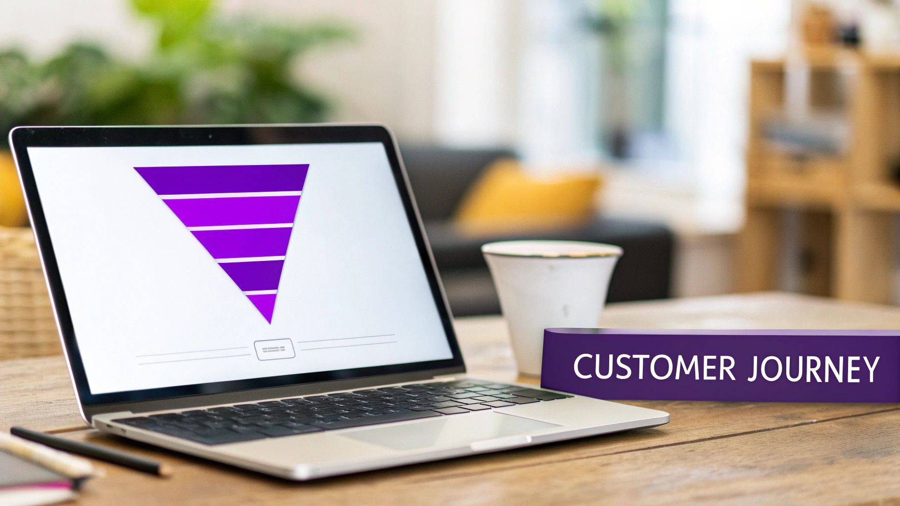Laptop displaying a purple conversion funnel graphic and a 'CUSTOMER JOURNEY' sign on a wooden desk.