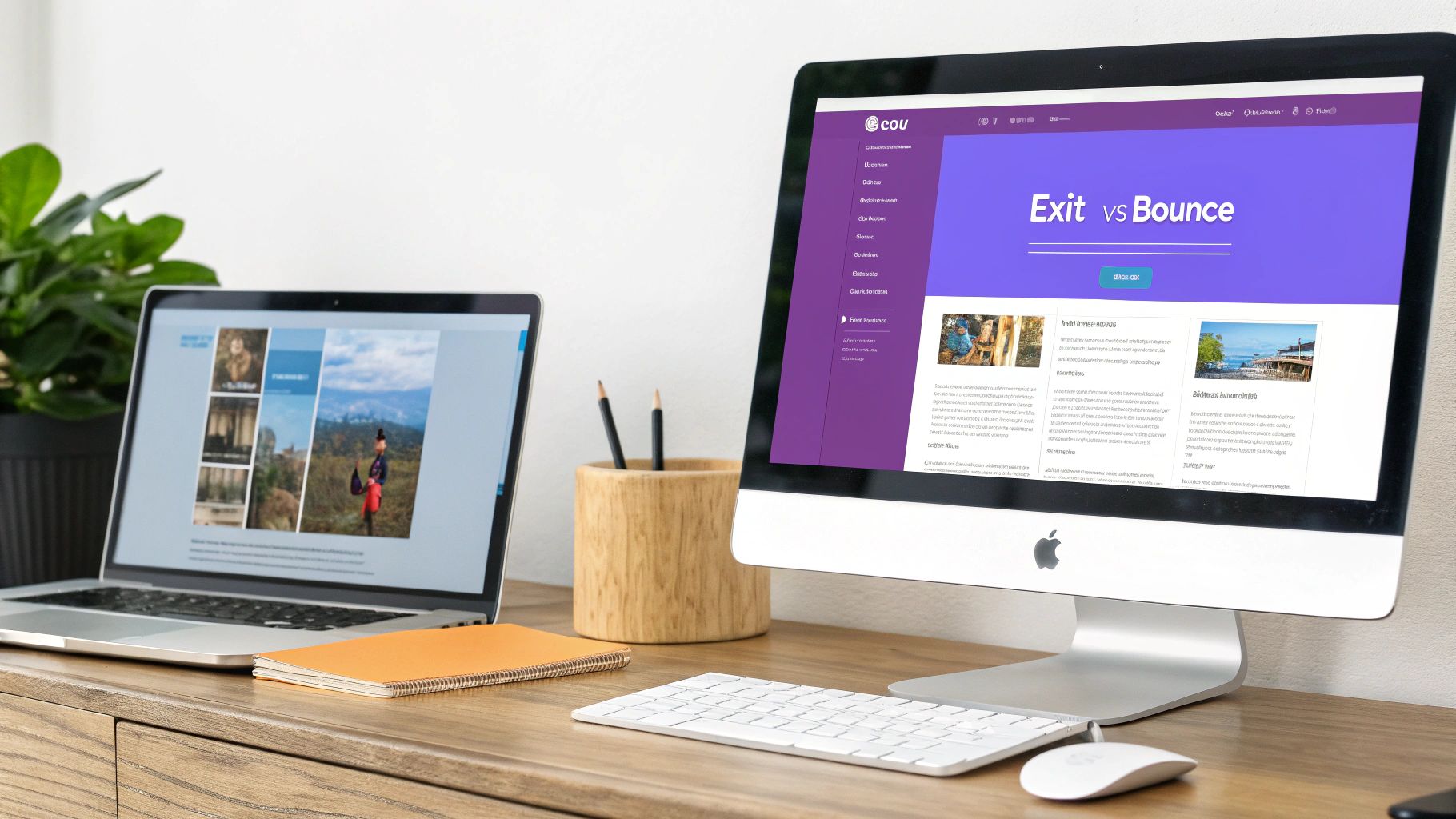 A bright digital workspace featuring an iMac displaying 'Exit vs Bounce' content, a laptop, and office supplies.