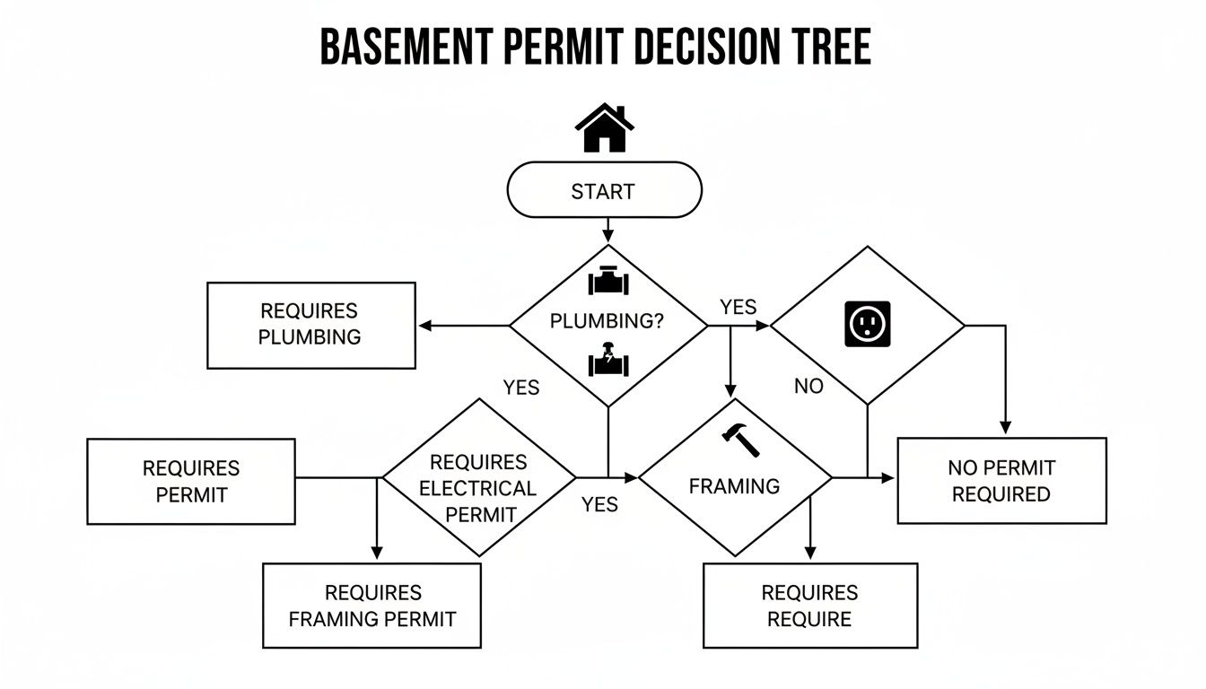 A basement permit decision tree flowchart, detailing requirements for plumbing, electrical, and framing permits.