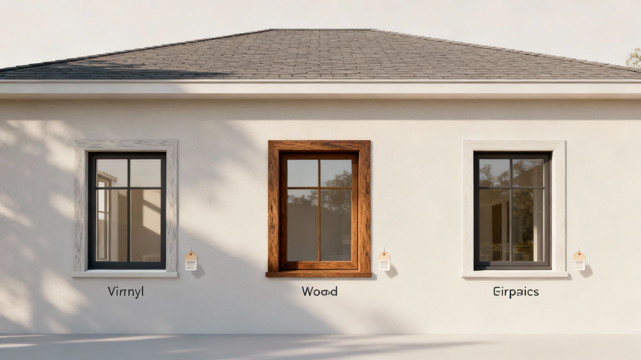 Three distinct windows, featuring wood, vinyl, and composite frames, displayed on a light-colored house wall.