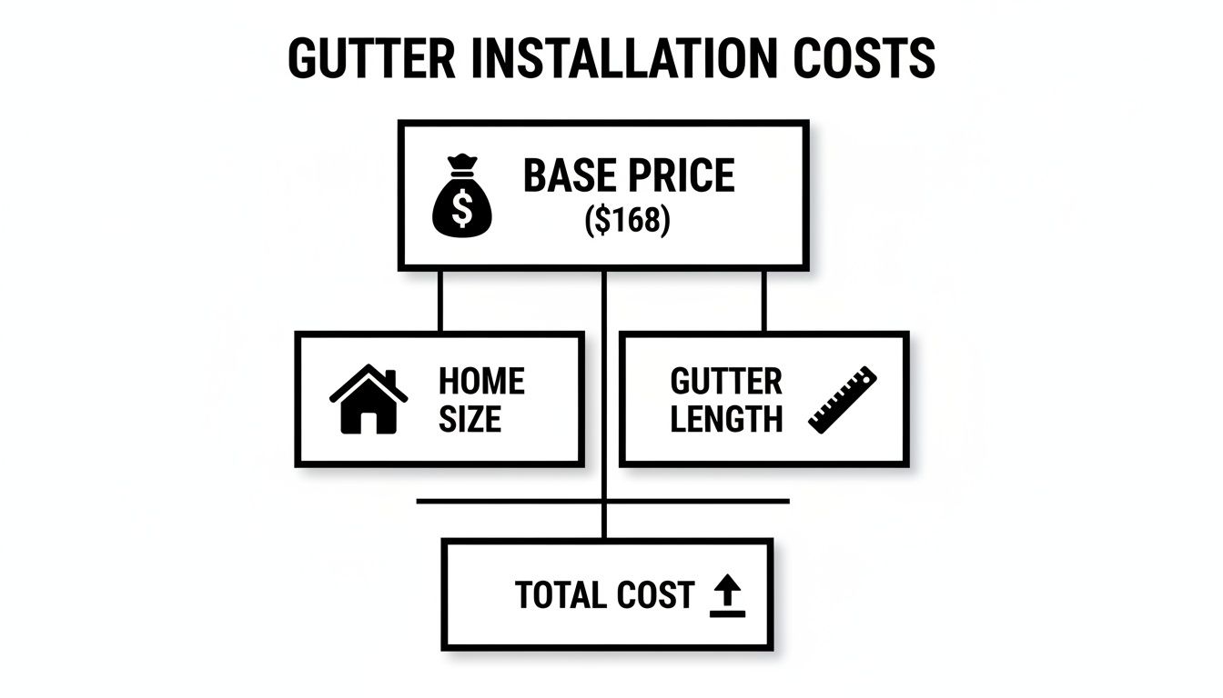 Flowchart illustrating gutter installation costs, influenced by base price, home size, and gutter length.
