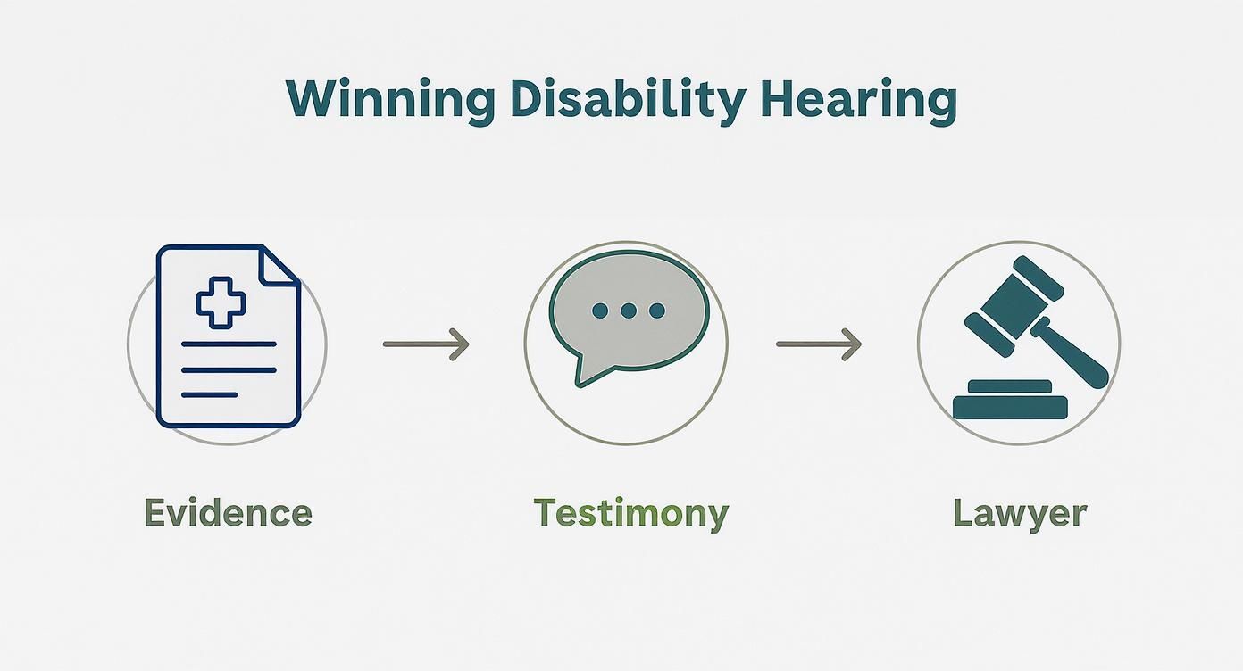 Three step process showing medical evidence, testimony, and lawyer representation for winning disability hearing