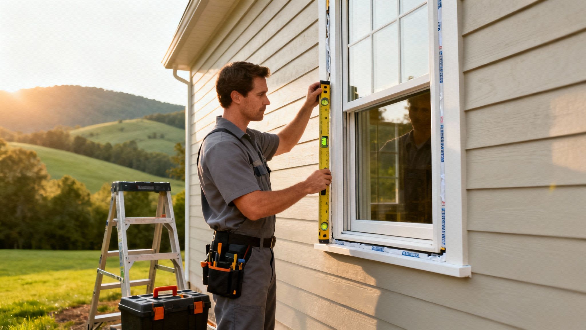 A worker carefully levels a new window installation on a house with green hills in the background.
