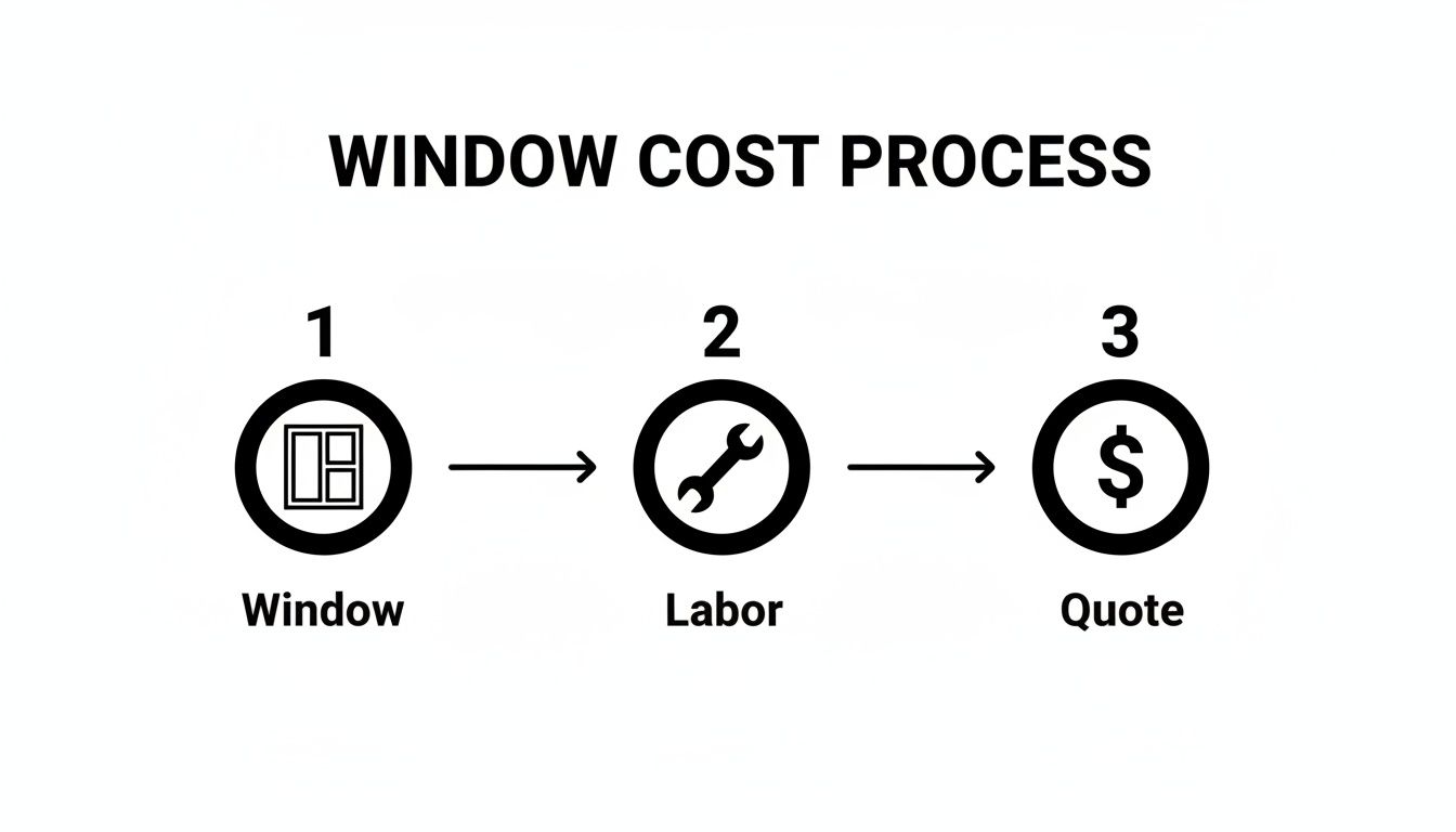 A diagram illustrates the three-step window cost process: window selection, labor calculation, and final quote.