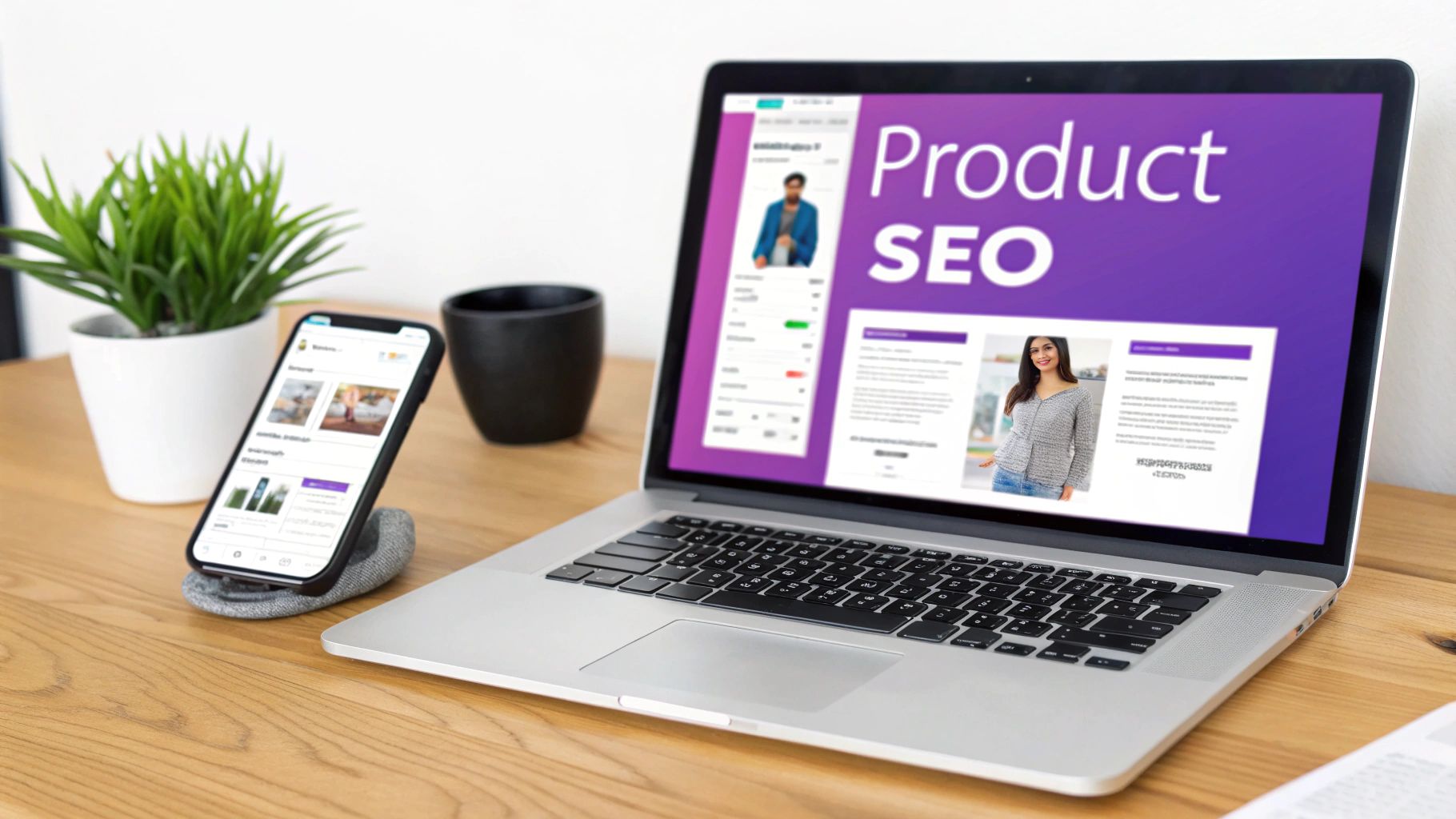 A laptop displaying 'Product SEO' content and a smartphone on a wooden desk with a plant.