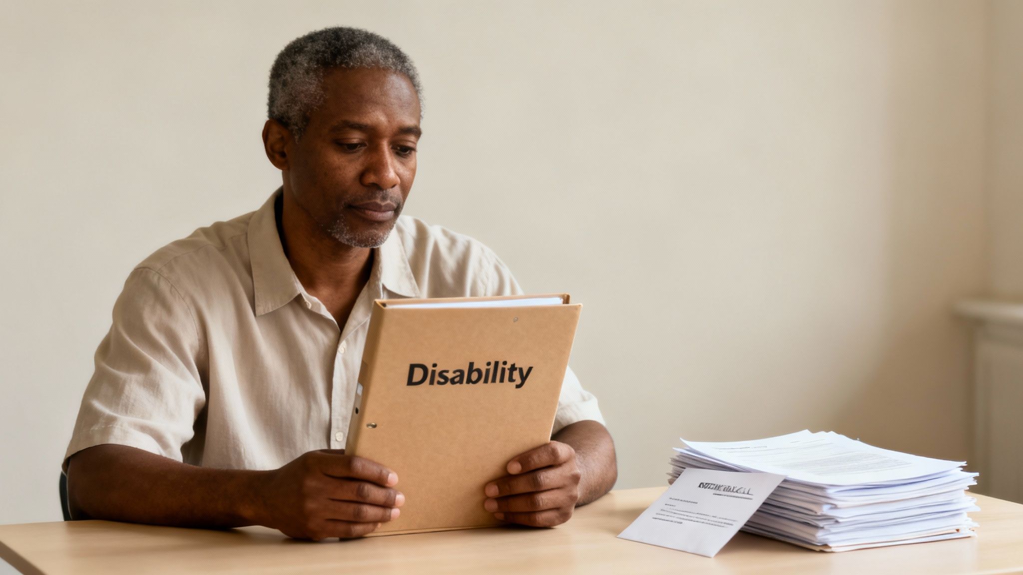 An older Black man reviewing a 'Disability' folder with a stack of documents on his desk.