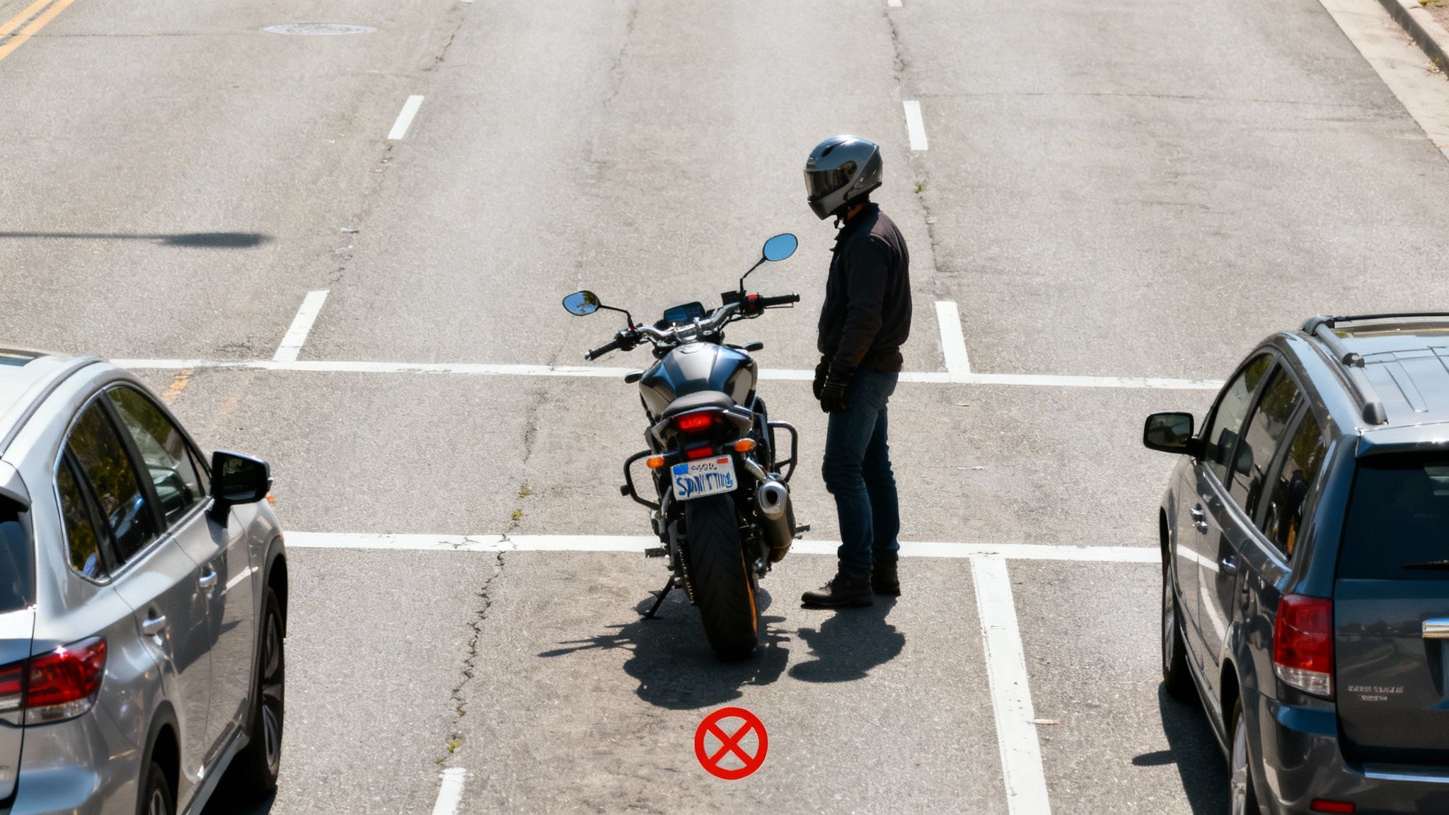A motorcyclist navigating through traffic on a sunny day in Oregon, representing the topic of lane splitting.