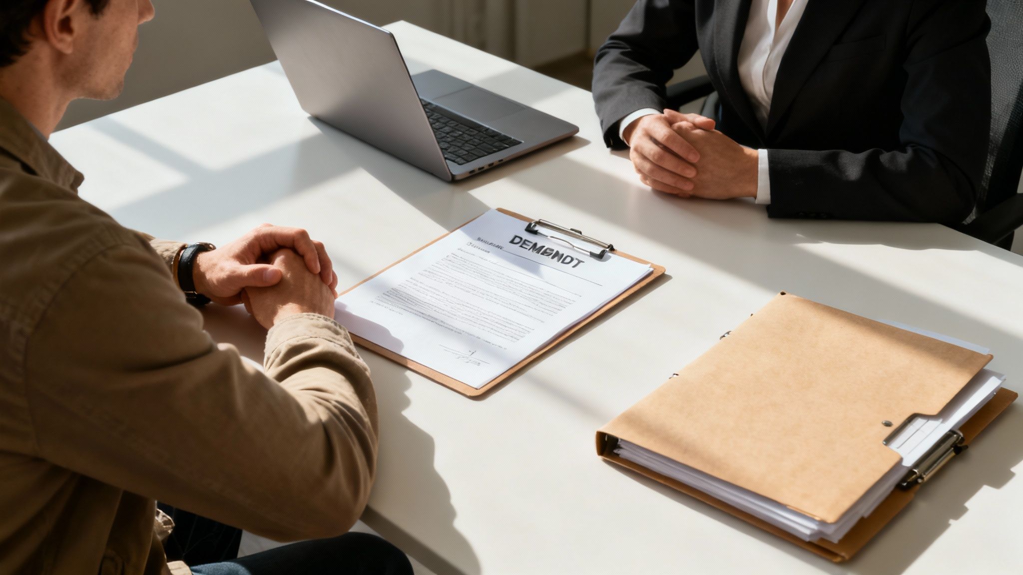 Two people sitting across from each other at a desk, reviewing documents in a serious negotiation setting.