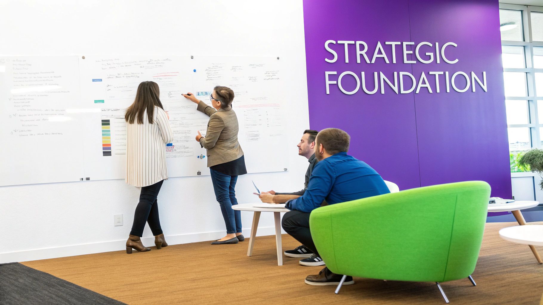 Four professionals collaborate on a strategic marketing plan, writing on a whiteboard in a modern office.