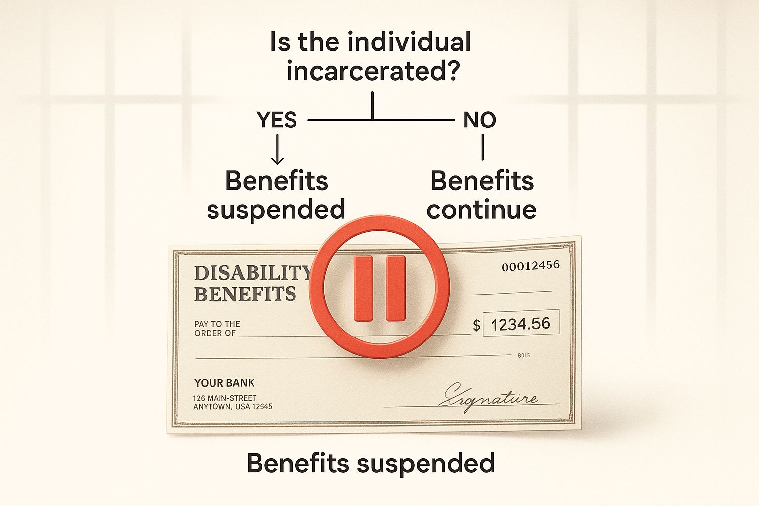 Infographic of a disability benefit check with a red pause symbol over it, symbolizing suspended benefits due to incarceration.