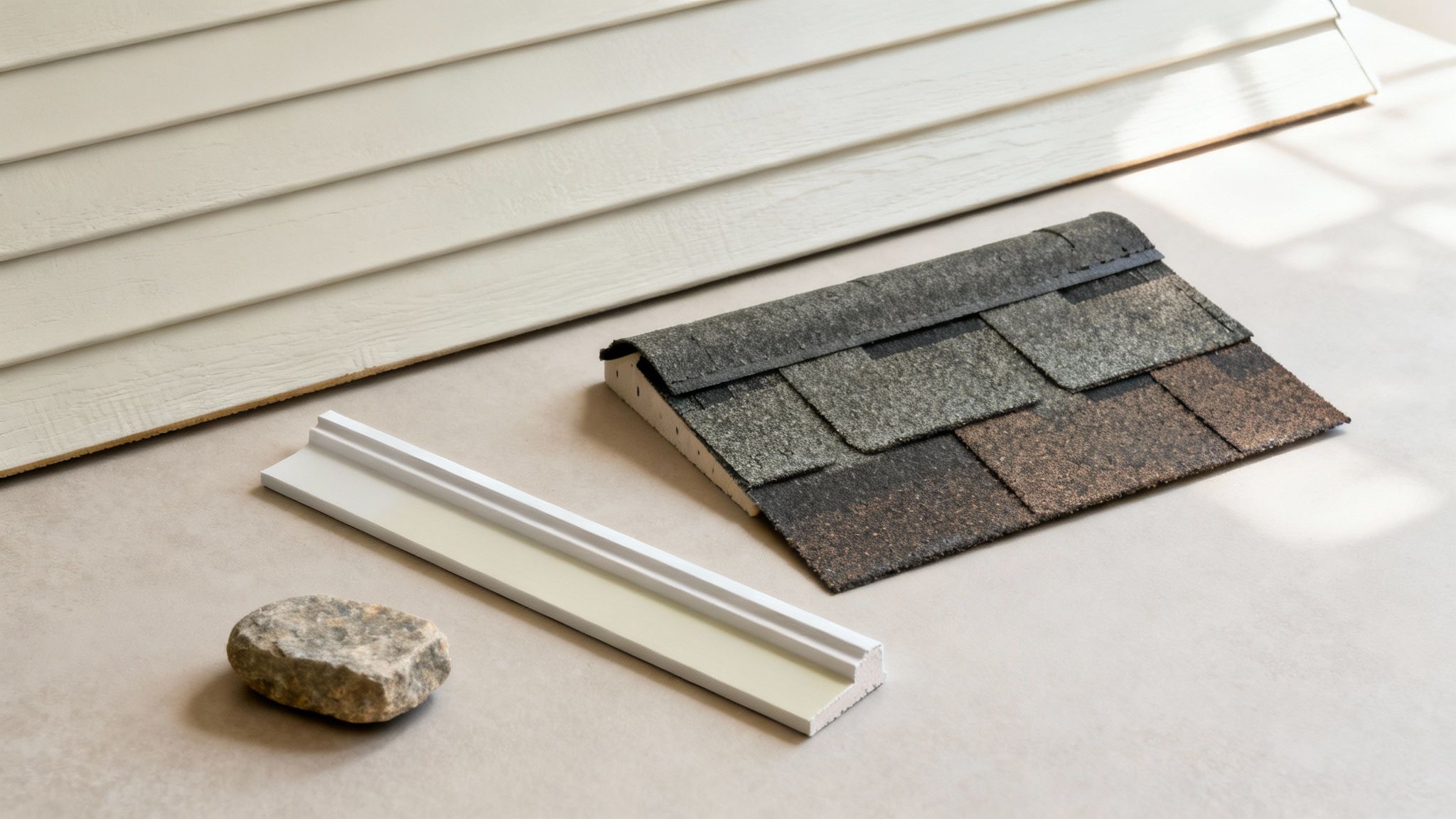Samples of building materials including light vinyl siding, roof shingles, trim, and a rock.