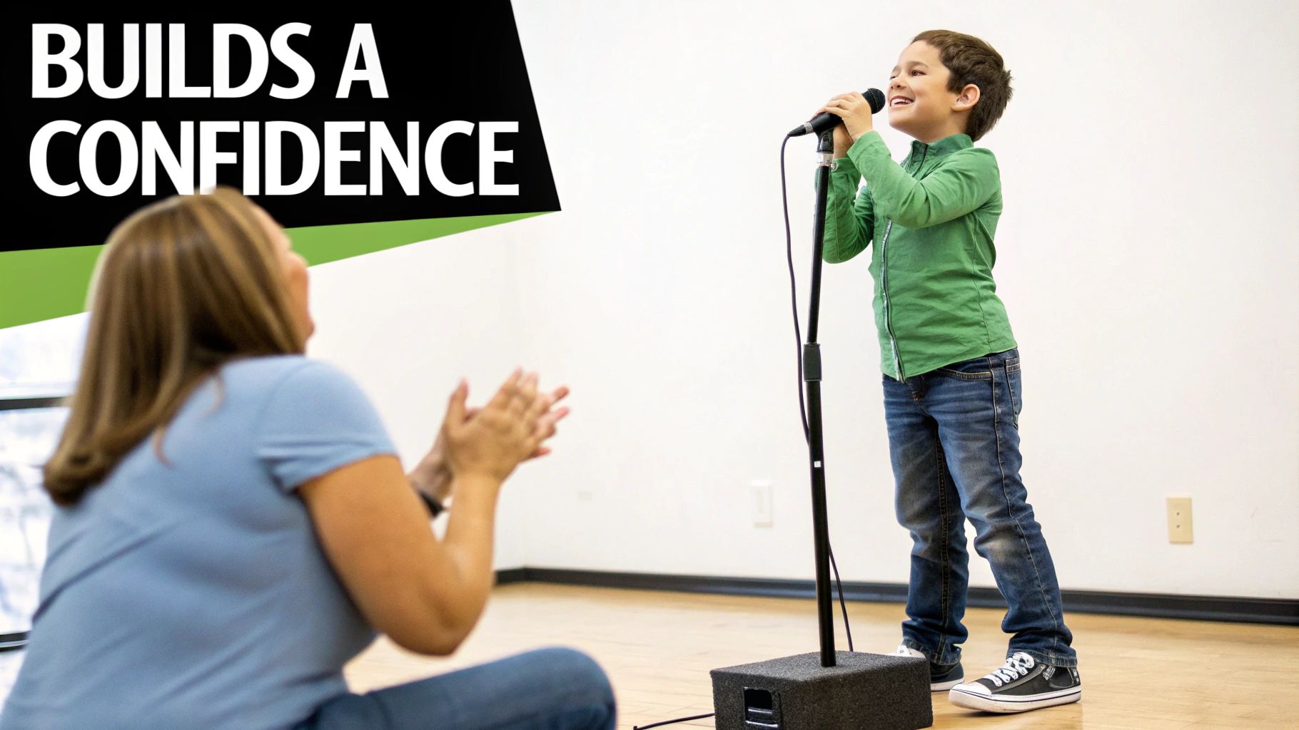 A young boy confidently sings into a microphone, while a woman claps encouragingly, symbolizing built confidence.