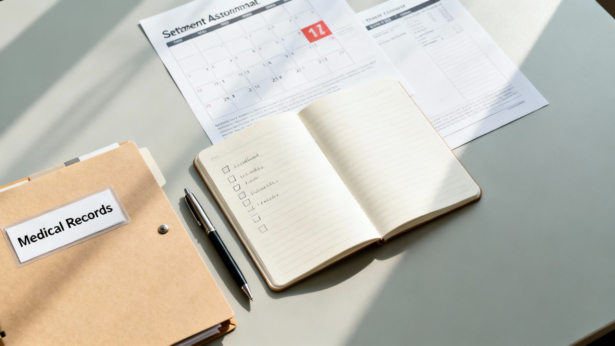 A desk with a 'Medical Records' folder, an open notebook with a checklist, a pen, and a calendar.